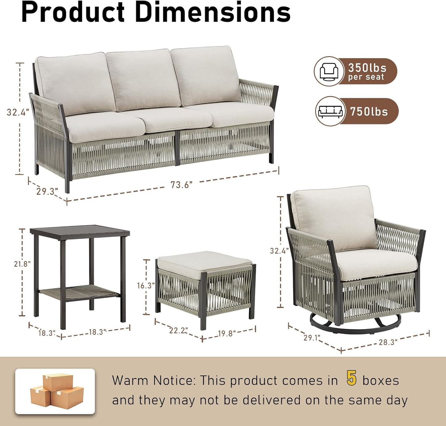 Patio Furniture Wicker Rope Outdoor Conversation Set, 9-Piece All Weather Patio Furniture Rattan Swivel Rocking Chairs w/Ottomans, Side Table for Backyard, Balcony, Deck, Beige