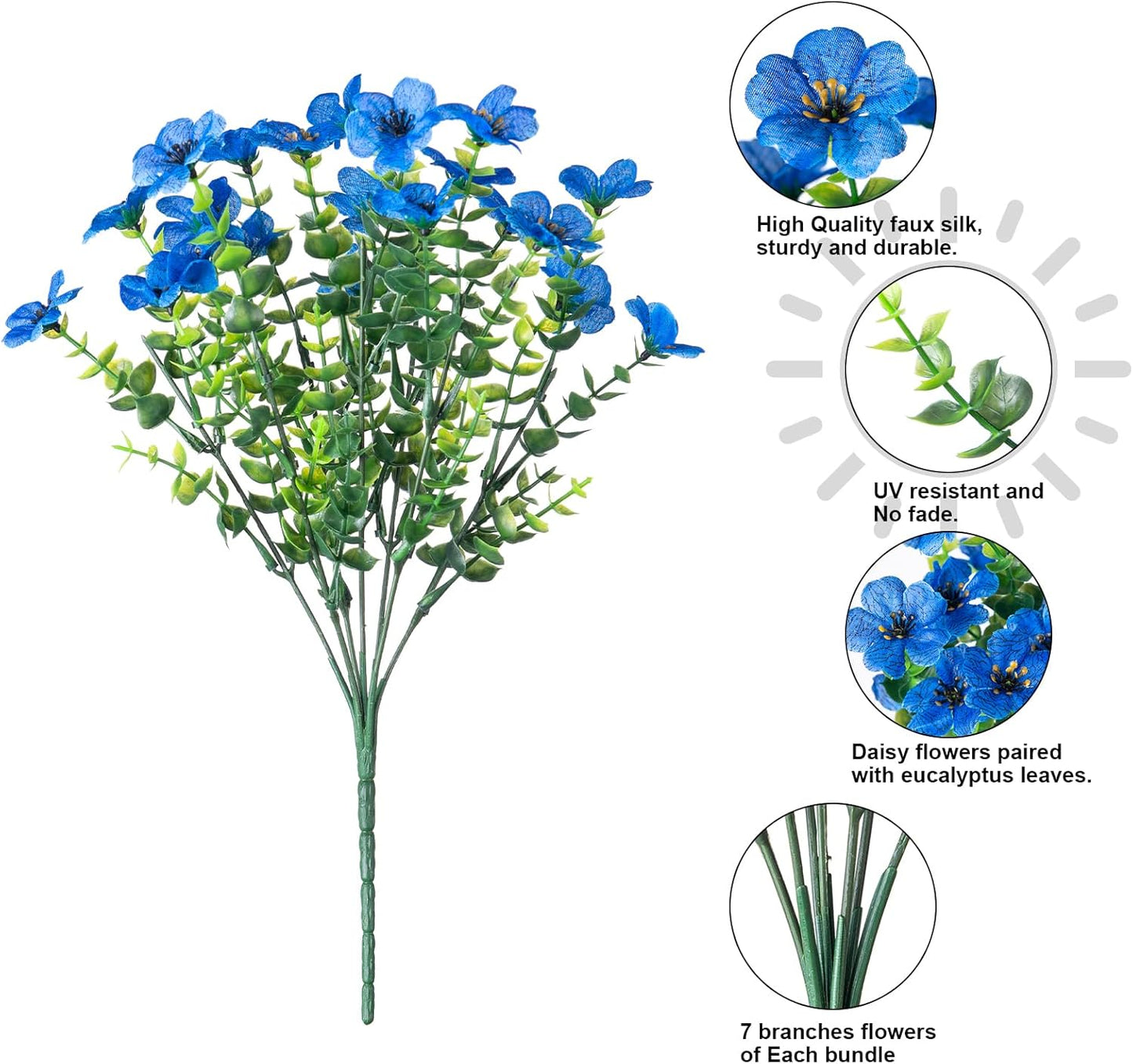 Artificial Flowers for Outdoor Indoor Garden Home Decoration, Faux Flower Daisy with Eucalyptus Leaves Fake Plants Greenery Boxwood Porch Patio, 12 Bundles (Blue)