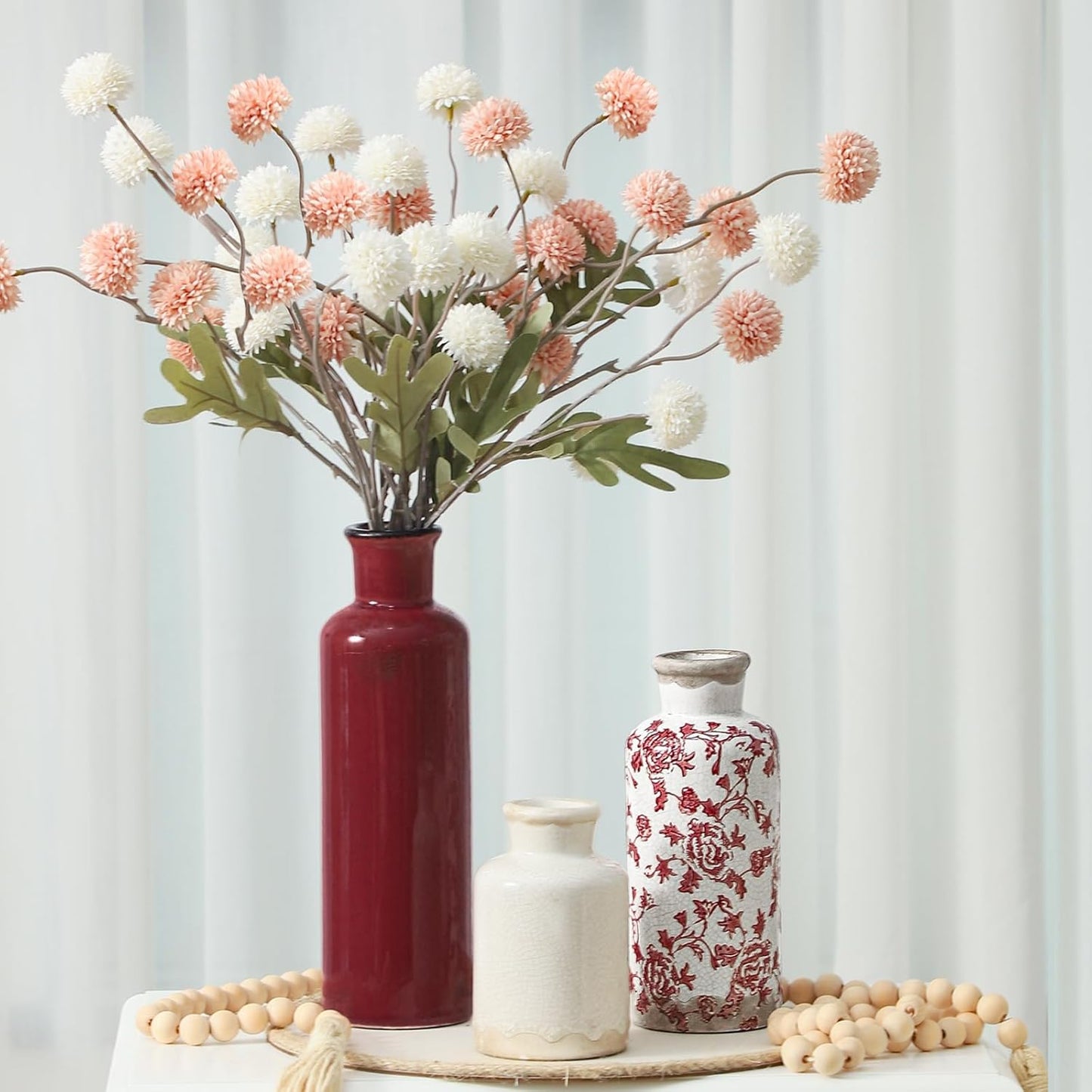 Vintage Vase Set of 3, Ceramic Vintage Flower Vases, Chinoiserie Decorative Home Decor Retro Floral Vase Rustic Farmhouse Decor for Table Bookshelf Mantel Kitchen Living Room Office - Red and White