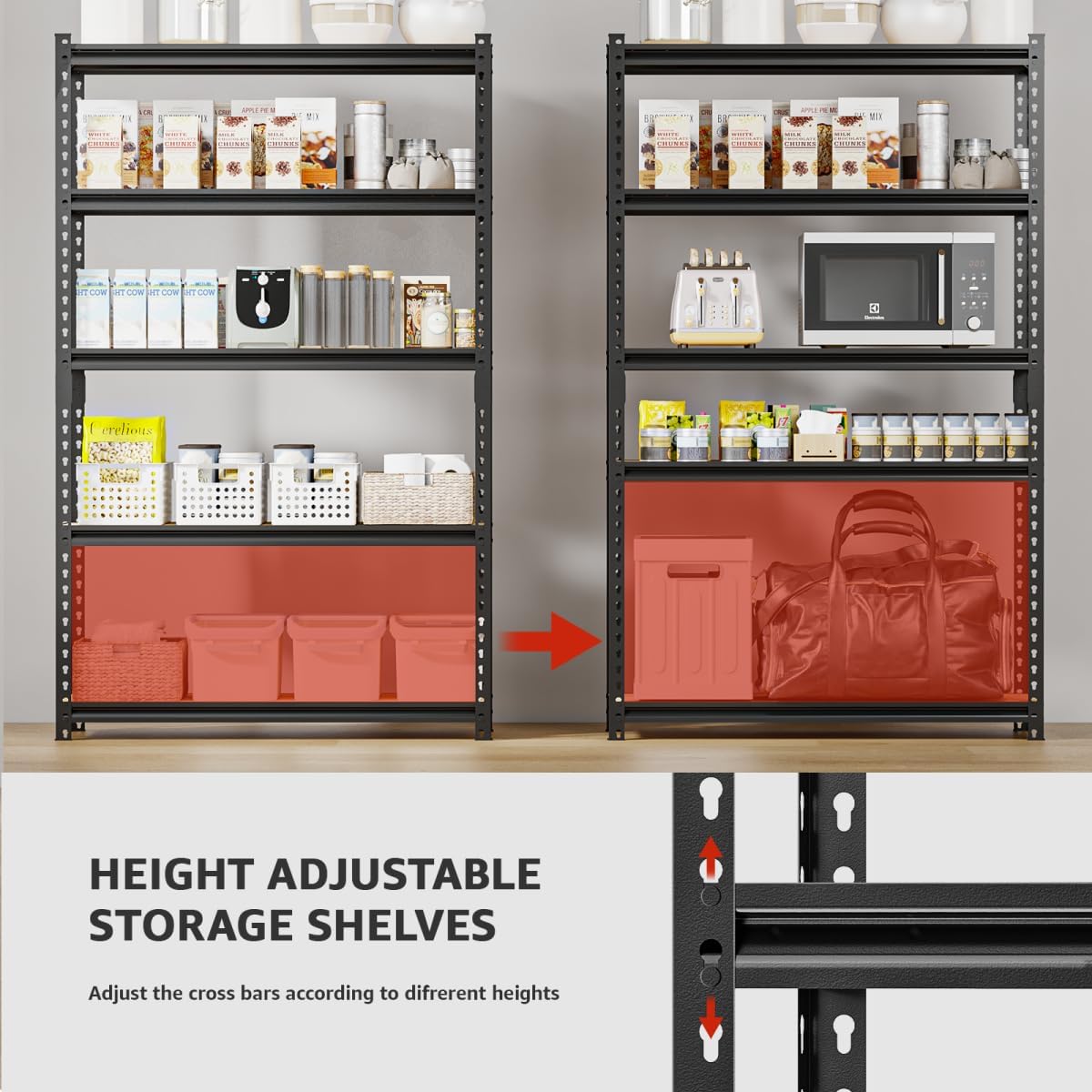 5-Tier Adjustable Metal Storage Shelves, Heavy Duty Garage Shelving 60" H x 28" W x 12" D, Shelving Unit Rack for Kitchen, Classroom, Dormitory, Basement & Warehouse (Black)