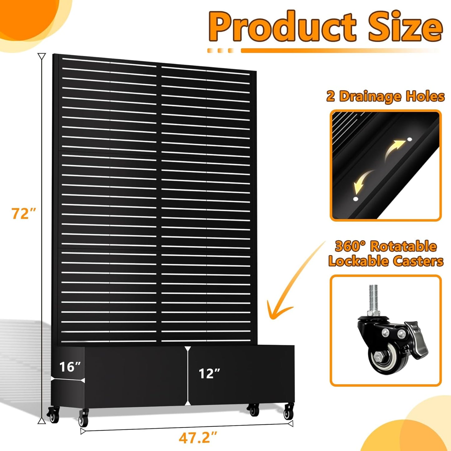 Metal Planter Box with Trellis, 72"x47"x16" Outdoor Galvanized Raised Garden Bed with Privacy Screen & Drainage Holes & Lockable Casters for Climbing Plants, Vegetable, Vines (Black-Louvered)