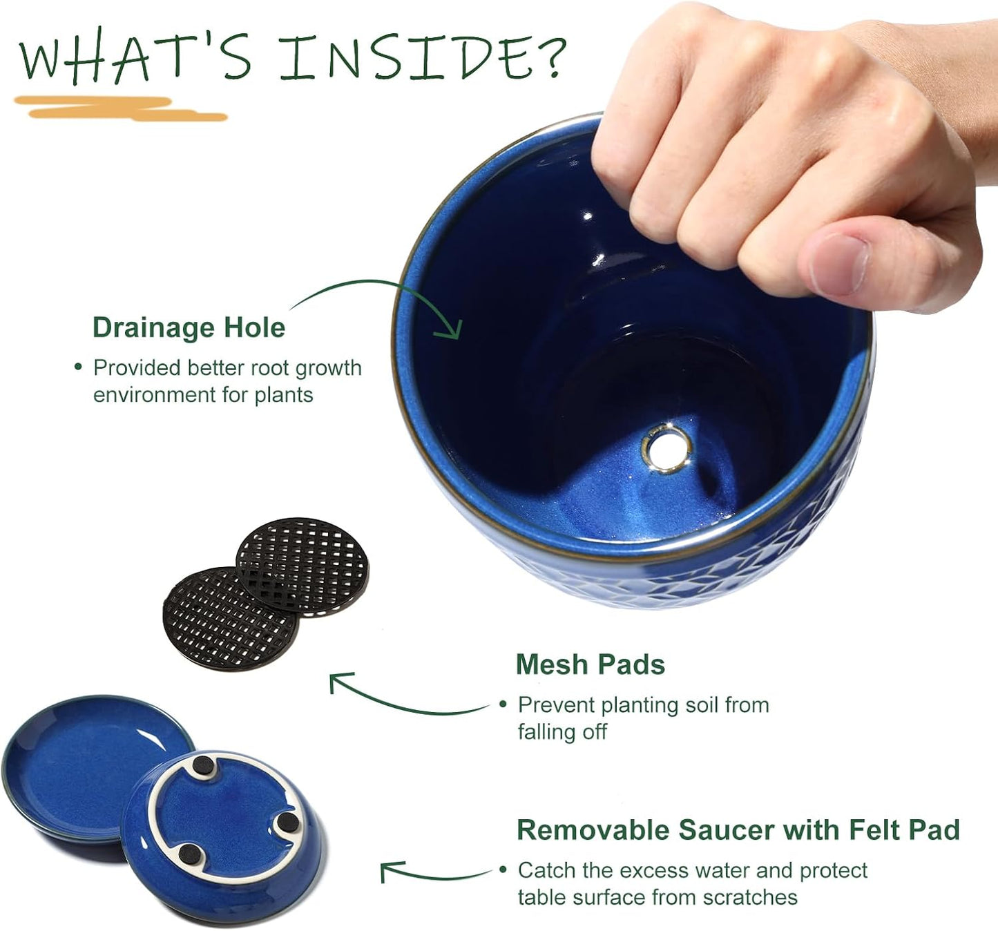 Sureasy Succulent Pots, 3.5 Inch Flower Pots for Indoor Plants, Small Plant Pots with Saucer & Drainage, Decorative Ceramic Planters for Succulent, Cactus, Set of 4, Blue