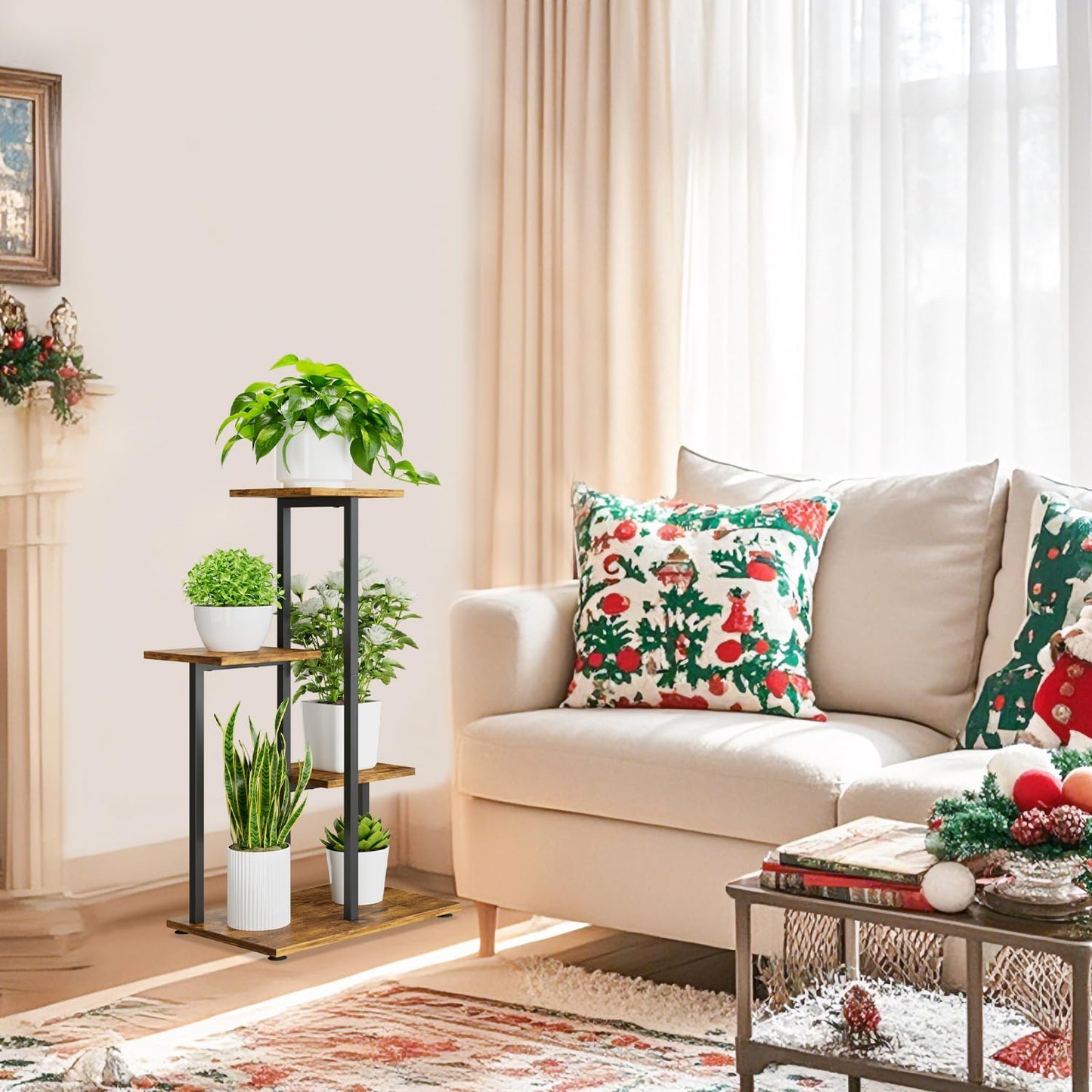 iDavosic.ly 4 Tier Plant Stand Indoor, Tiered Corner Plant Shelf for Multiple Plants, Metal Wood Tall Plant Display Rack Flower Holder for Patio Porch Garden Balcony Bedroom, Black