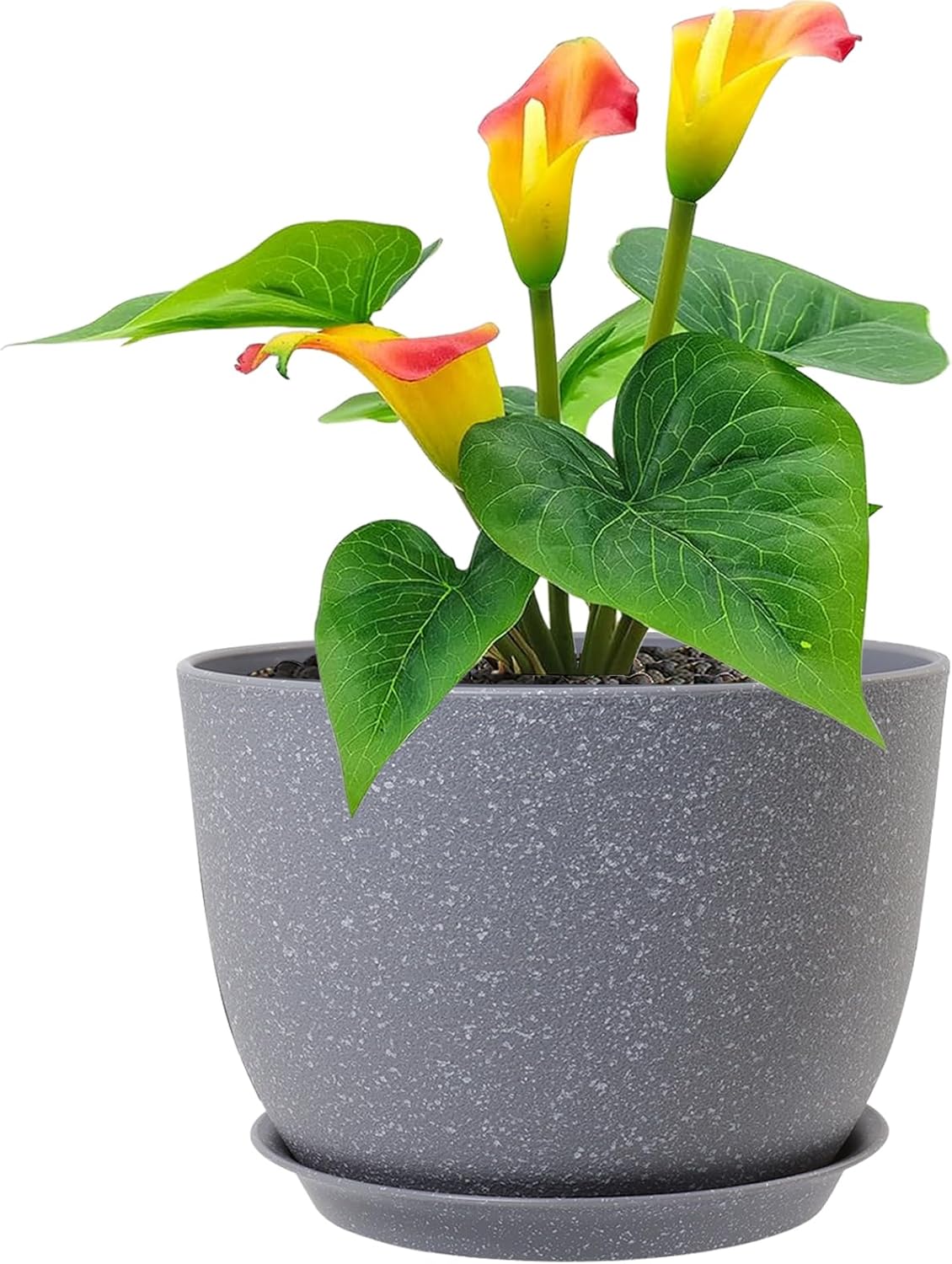 Plant Pots 12 inch, Plastic Planters with Drainage Holes and Saucers, Large Flower Pots for Indoor Outdoor Plants, Modern Decorative Pots for Garden House Plants, Speckled Grey