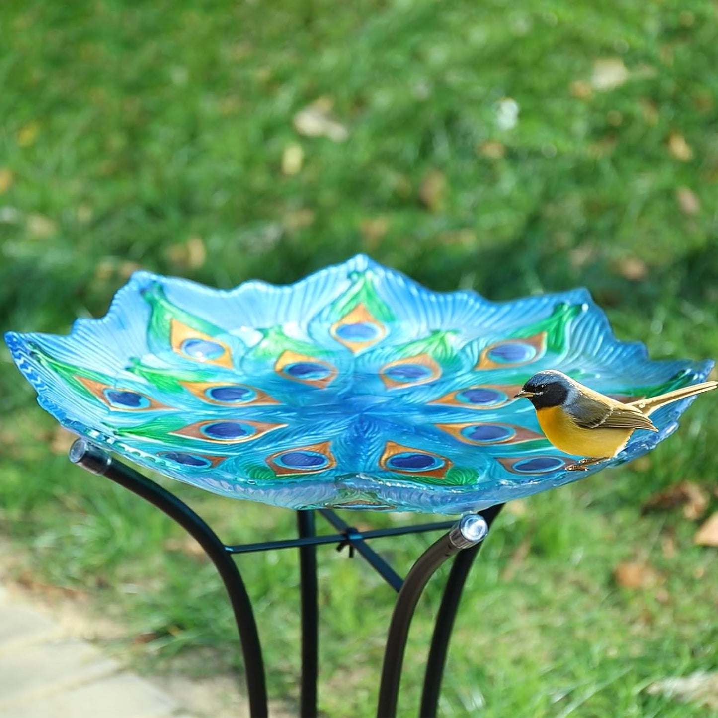 MUMTOP Outdoor Glass Birdbath with Metal Stand for Outside Yard Garden Decor, 18 inch Diameter Peacock Bird Baths Bowl for Outdoors, 21.65 inch Height