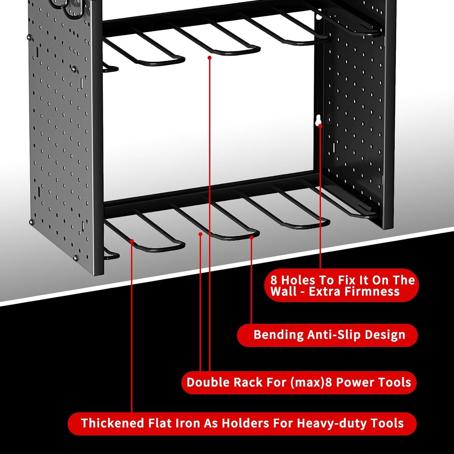 KAFAHOM Power Tool Organizer, Large 8 Drill Holder Wall Mount with 2 Side Pegboards,5 Layer Heavy Duty Metal Tool Storage Rack, Tool Shelf for Garage Organization, Utility Battery Shelves - Red