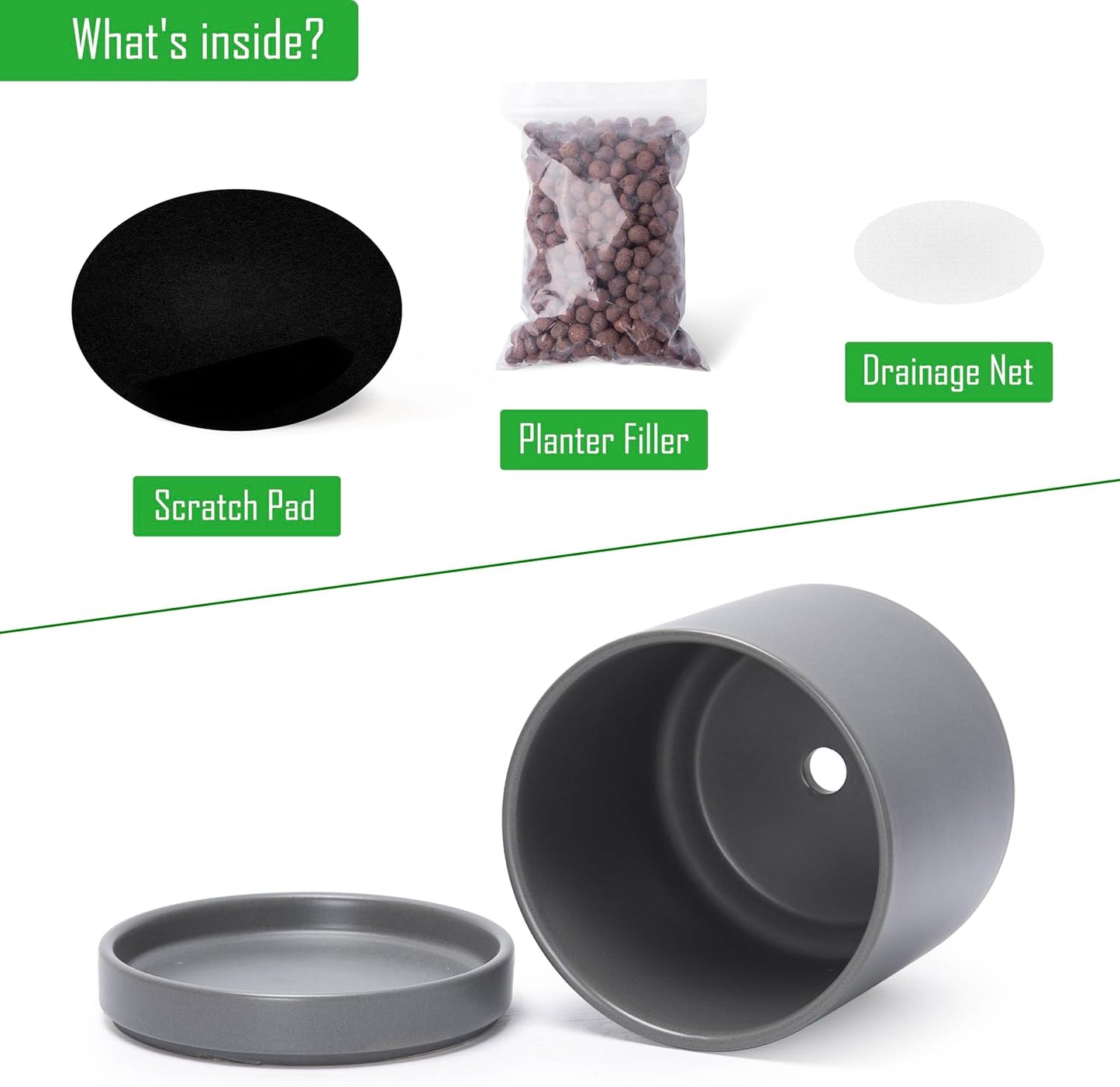 D'vine Dev 3 Inch & 4 Inch & 6 Inch, Set of 3 Round Ceramic Planter Pot with Drainage Hole and Saucer, Grey, 94-T-S-3