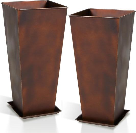 Worth Garden 12" Dia x 28" H Large Metal Planter Set of 2, Matte Bronze Retro Finish Tall Square Tapered Steel Plant Pots, Decor Flower Pots Indoor & Outdoor, Drainage Hole & Dual-Purpose Plant Saucer
