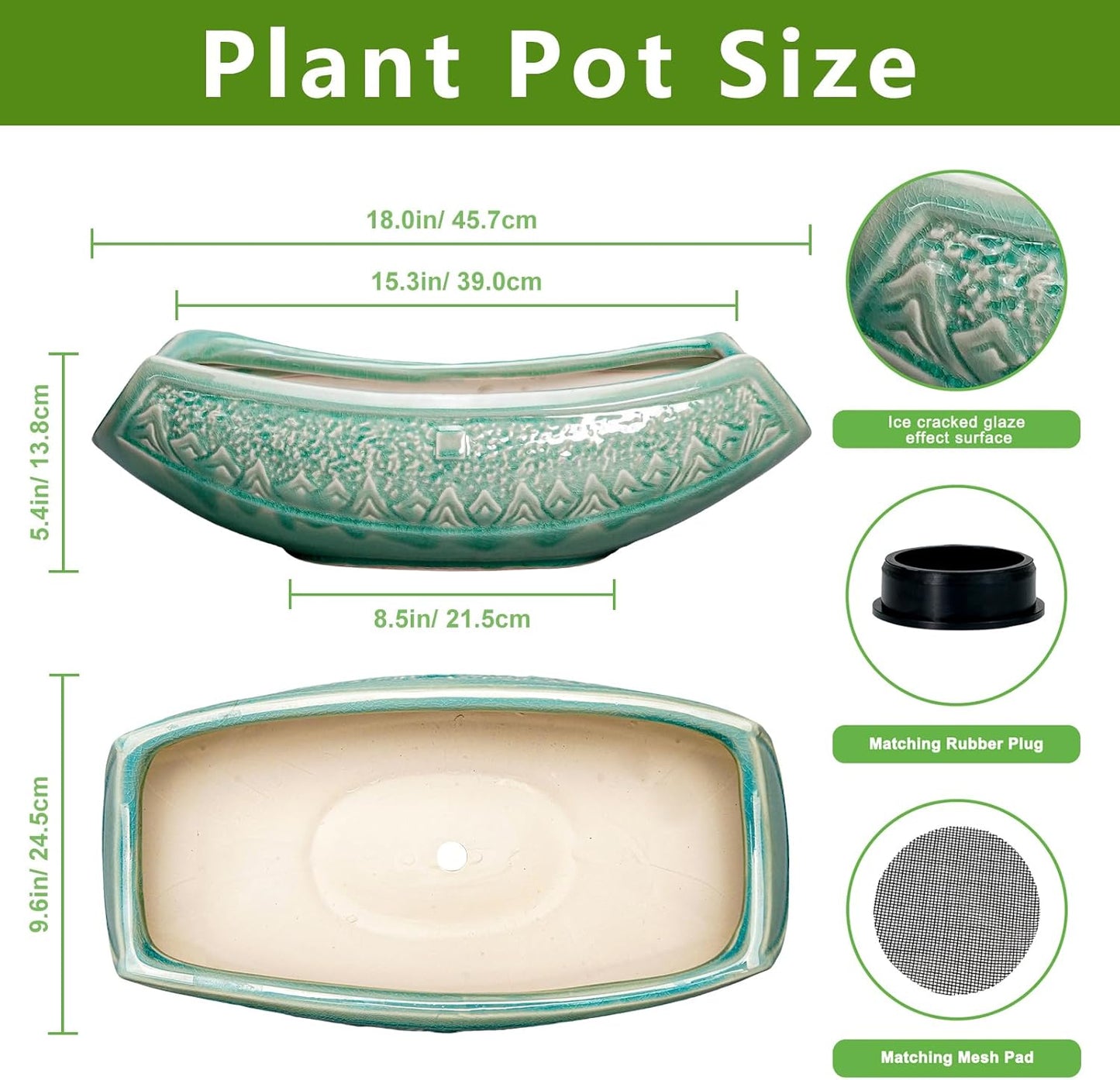 Bonsai Tree Pot - 18 Inch Ceramic Succulent Pots for Indoor Outdoor, Large Bonsai Planter with Drainage Hole, Ceramic Flower Pot, Decorative Planter, Gifts for Plant Lovers, Room Decor, Green