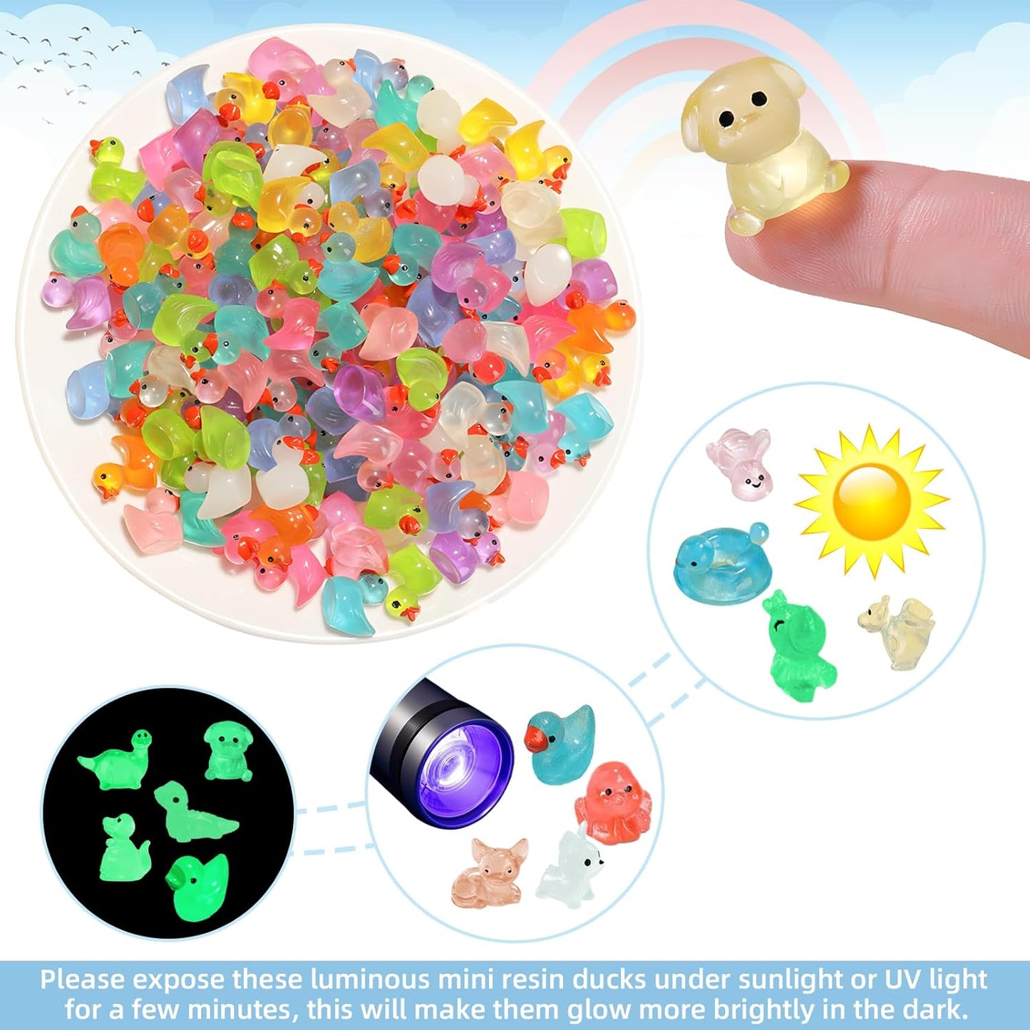150 pcs Luminous Mini Resin Animal, Resin Ducks Figurines Glow in The Dark for Fairy Garden Accessories Miniature Figurines Aquarium Potted Decor - 11 Styles