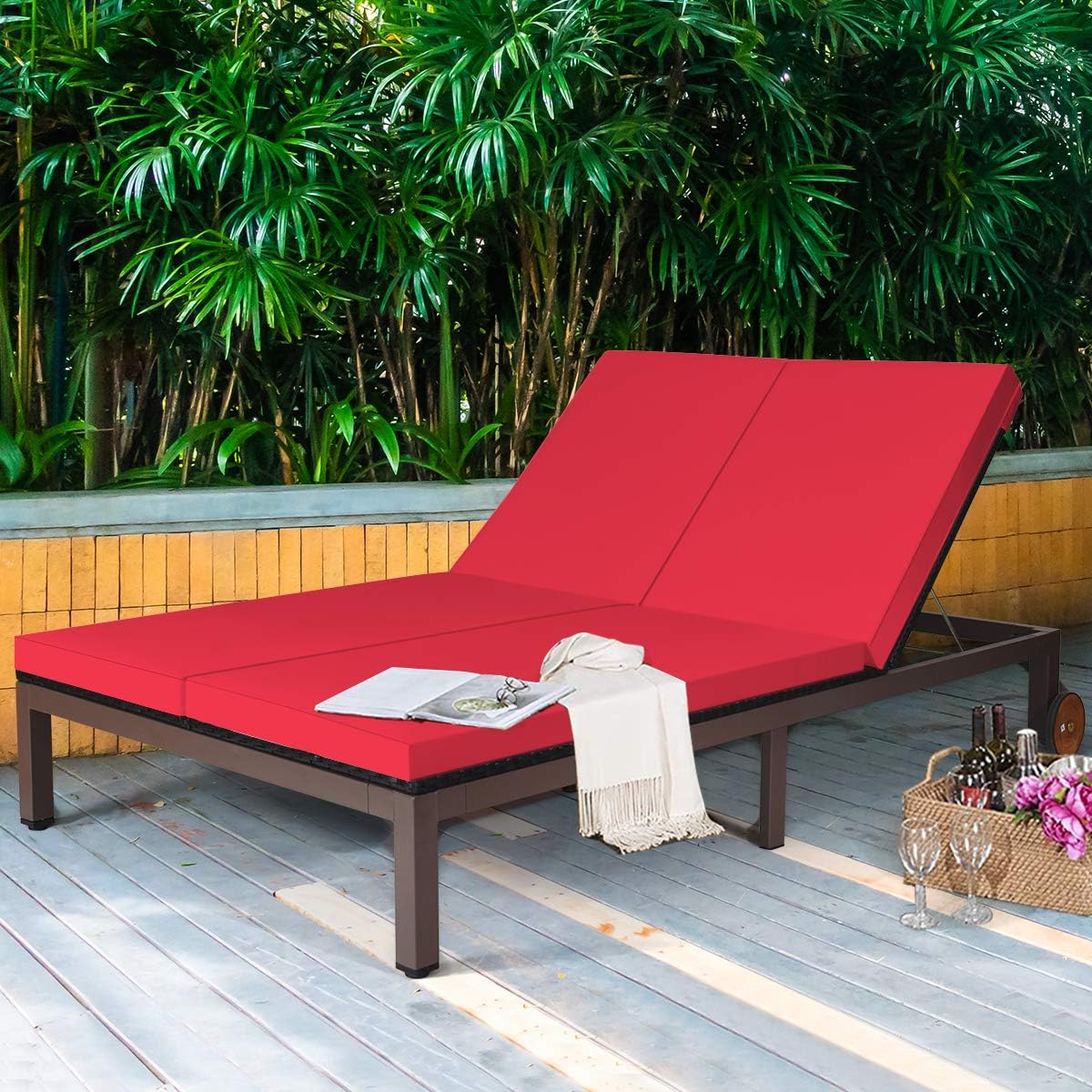 Tangkula 2-Person Patio Lounge Chair, Outdoor Rattan Double Wicker Daybed Chaise Lounge Chair with Adjustable Backrest Wheels & Cushion, Patio Sofa for Garden Lawn Backyard (Red)