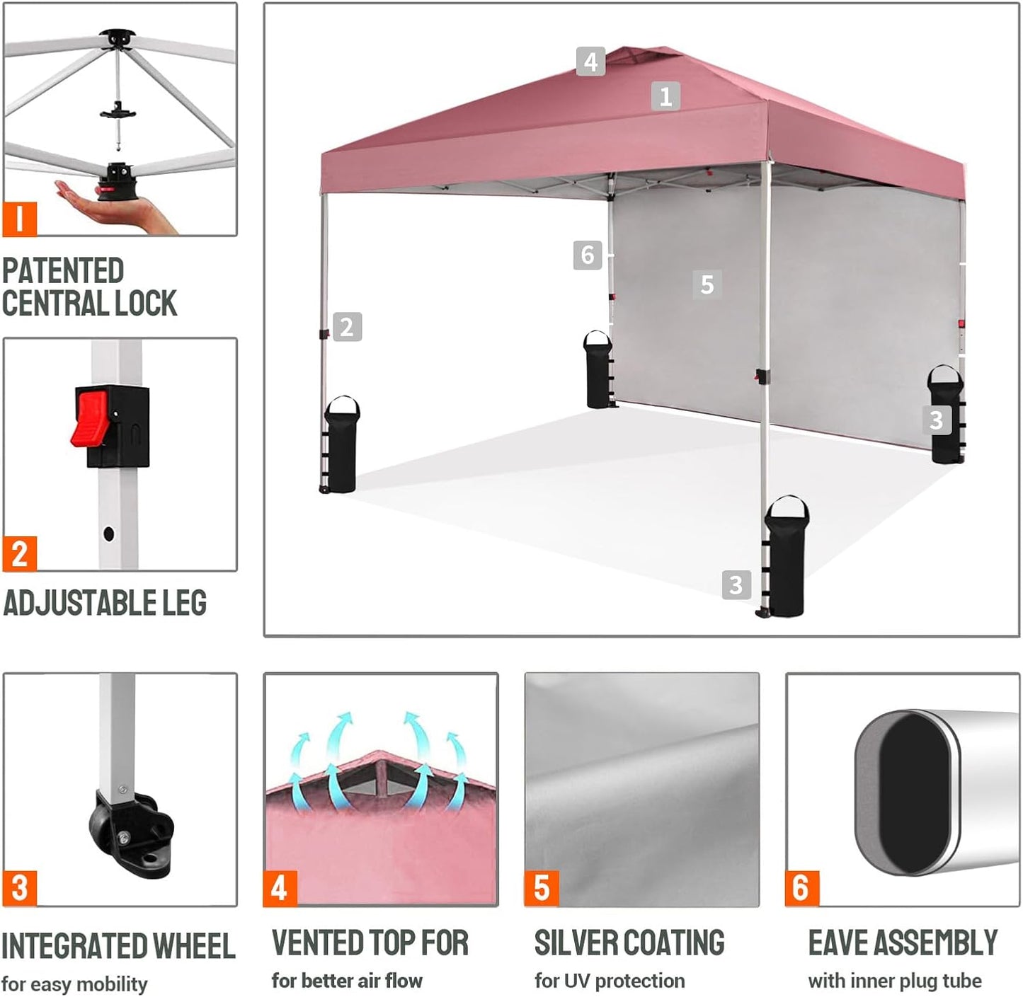 CROWN SHADES 10x10 Pop Up Canopy with 1 Side Wall - Beach Tent with One Push Setup - Outdoor Sun Shade for Events, Parties, Camping - Gazebo with STO-N-Go Cover Bag (Pink)