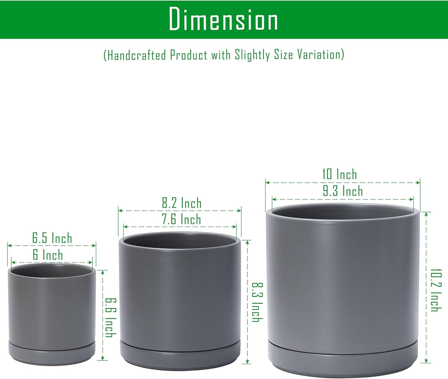 D'vine Dev 6 Inch & 8 Inch & 10 Inch, Set of 3 Round Ceramic Planter Pot with Drainage Hole and Saucer, Grey, 94-T-L-3
