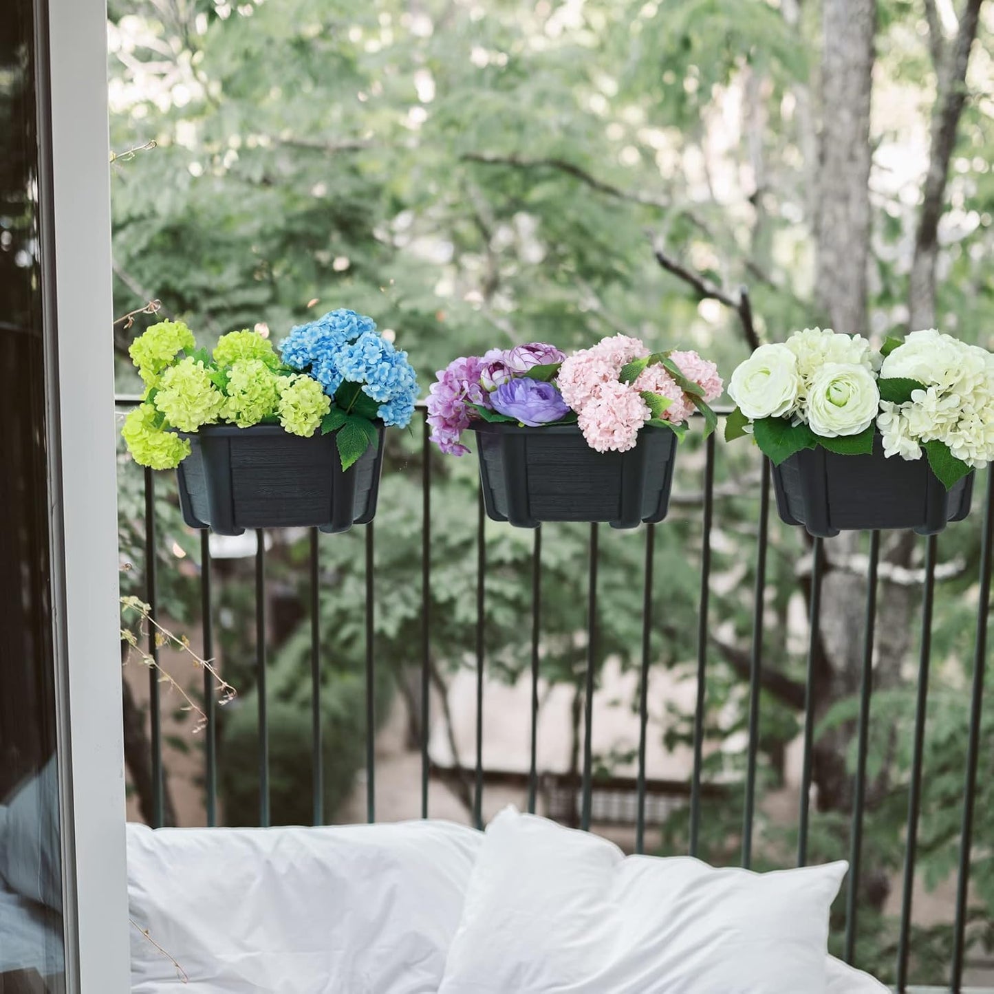 summer flower Hanging Flower Pots, 3 Pack 9.84” Wall Hanging Planters for Railing Fence Balcony, Plastic Plants Pots for Window Box Garden Outdoor Flowers Indoor Decor (Black)
