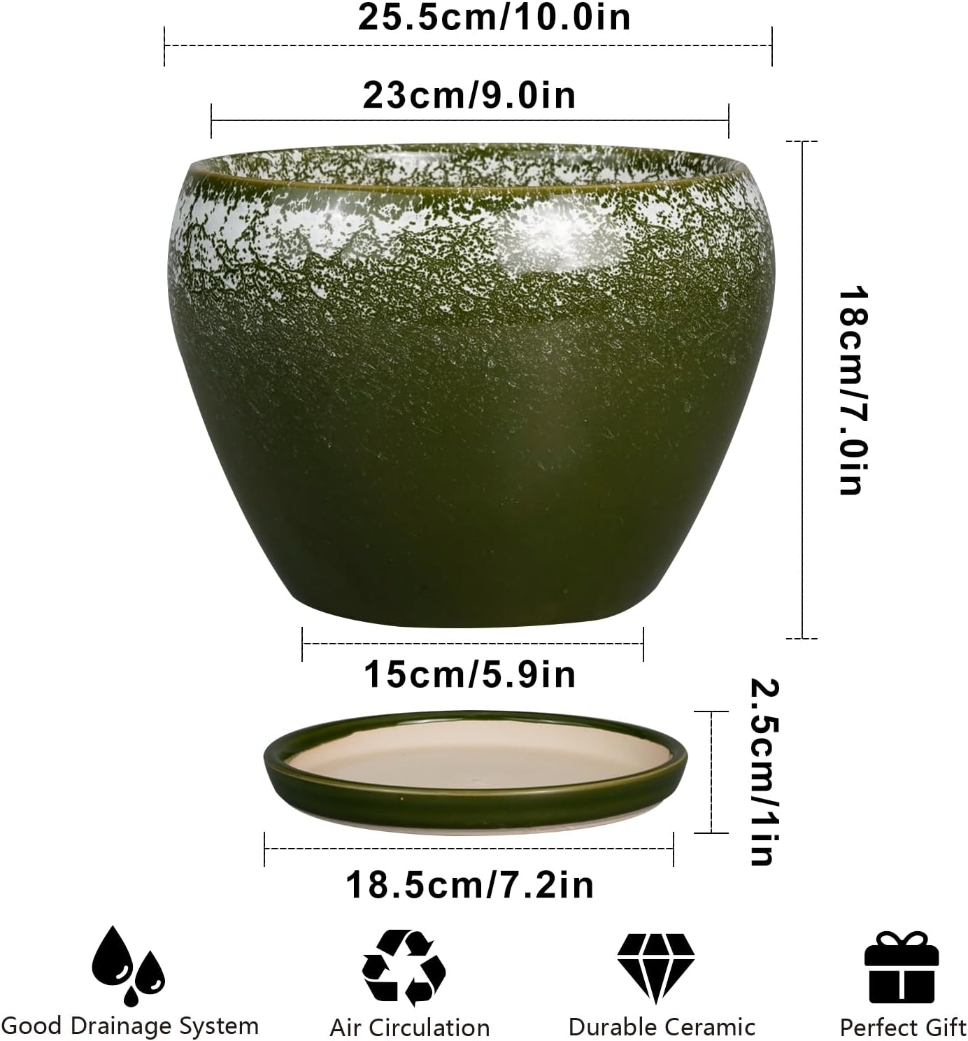 10 Inch Planter Pot - Ceramic Pots for Plants with Drainage Hole and Saucer, Round Large Flower Pot for Indoor Plants, Dark Green