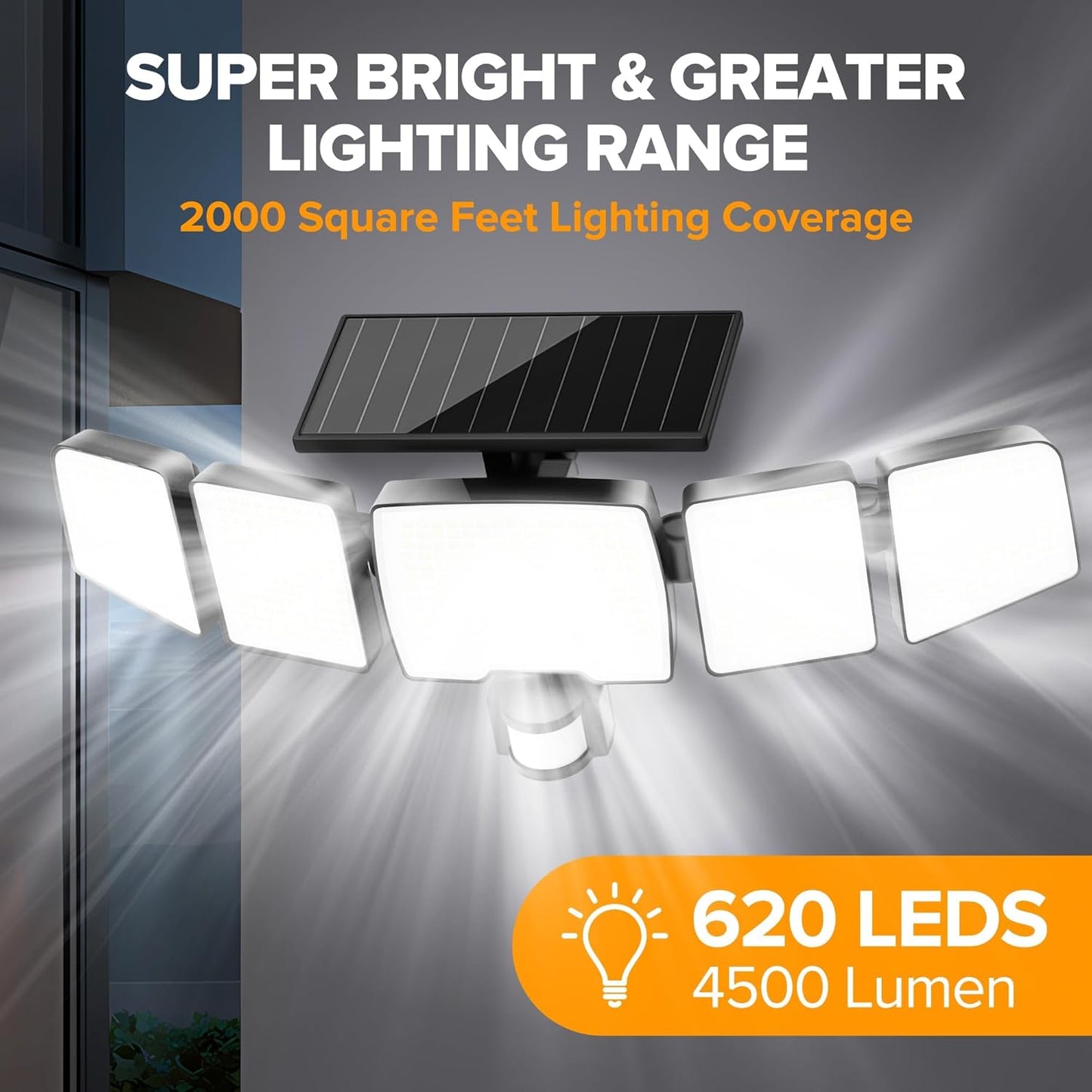 UME Solar Outdoor Lights 620 LED 4500LM, IP65 Waterproof Motion Sensor Outdoor Lights, 5 Heads Solar Security Flood Light 270 Wide Lighting Angle with 3 Modes for Garden Patio Yard - 2 Pack