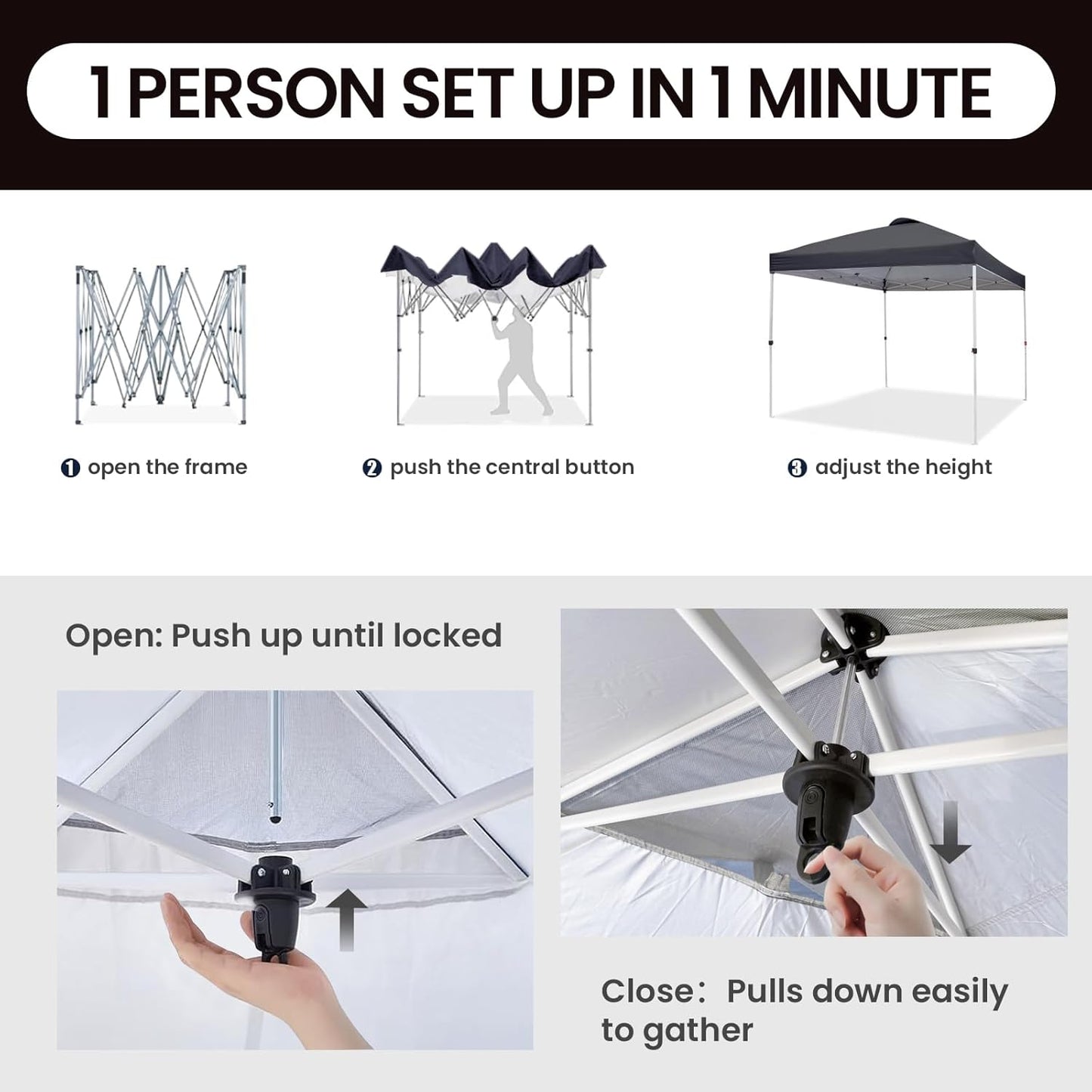 Shades 10x10 Pop Up Canopy with One Push Setup,Heavy Duty Beach Tent with Wheels for Easy Moving, Sun Shelter for Parties,Events, Outdoor Gazebo with 420D Coated Waterproof Grey Fabric