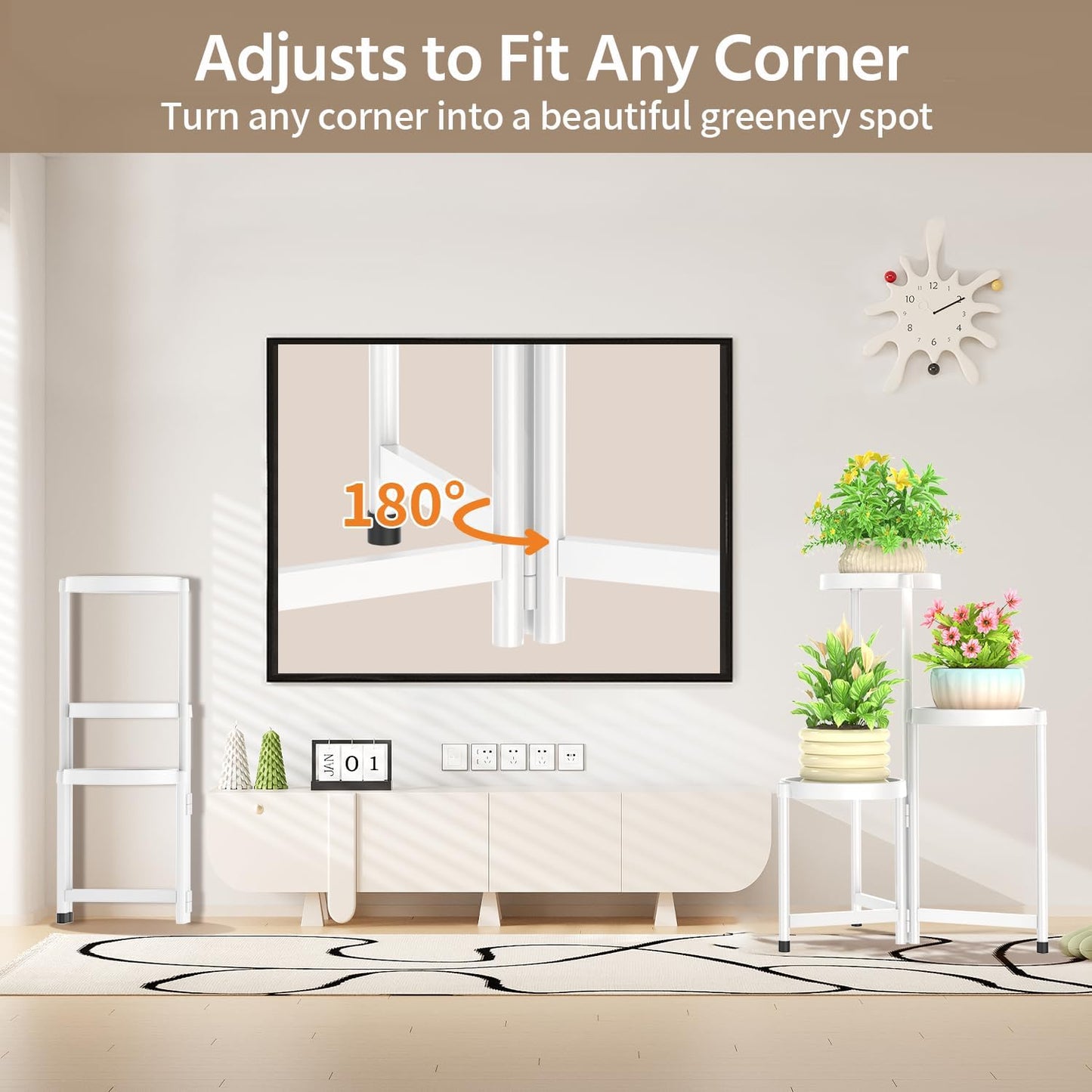 LASZOLA 3 Tiered Folding Plant Stand Indoor for Multiple Large Planter, Tall Heavy Duty Adjustable Rack with Rust Proof Plastic Shelving, Sturdy Vertical Tree Organizer for Narrow Inside Floor, White