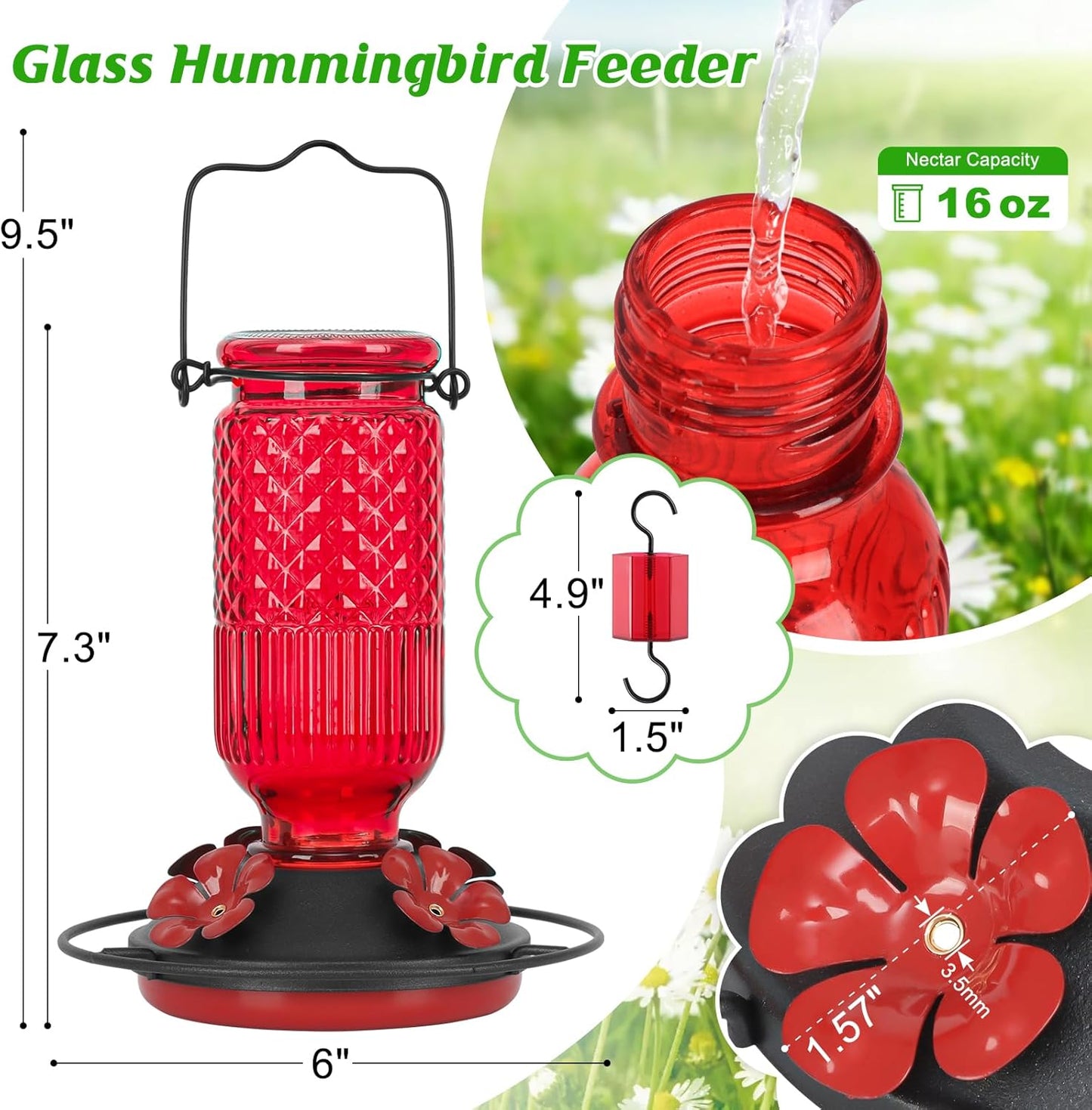 FEED GARDEN Glass Hummingbird Feeder for Outdoors Hanging, 16 OZ Humming Bird Feeders with 4 Bee Guard Feeding Ports & Built-in Ant Moat, Hummingbird Gifts for Mom Bird Feeder for Outside, Red,2 Pack