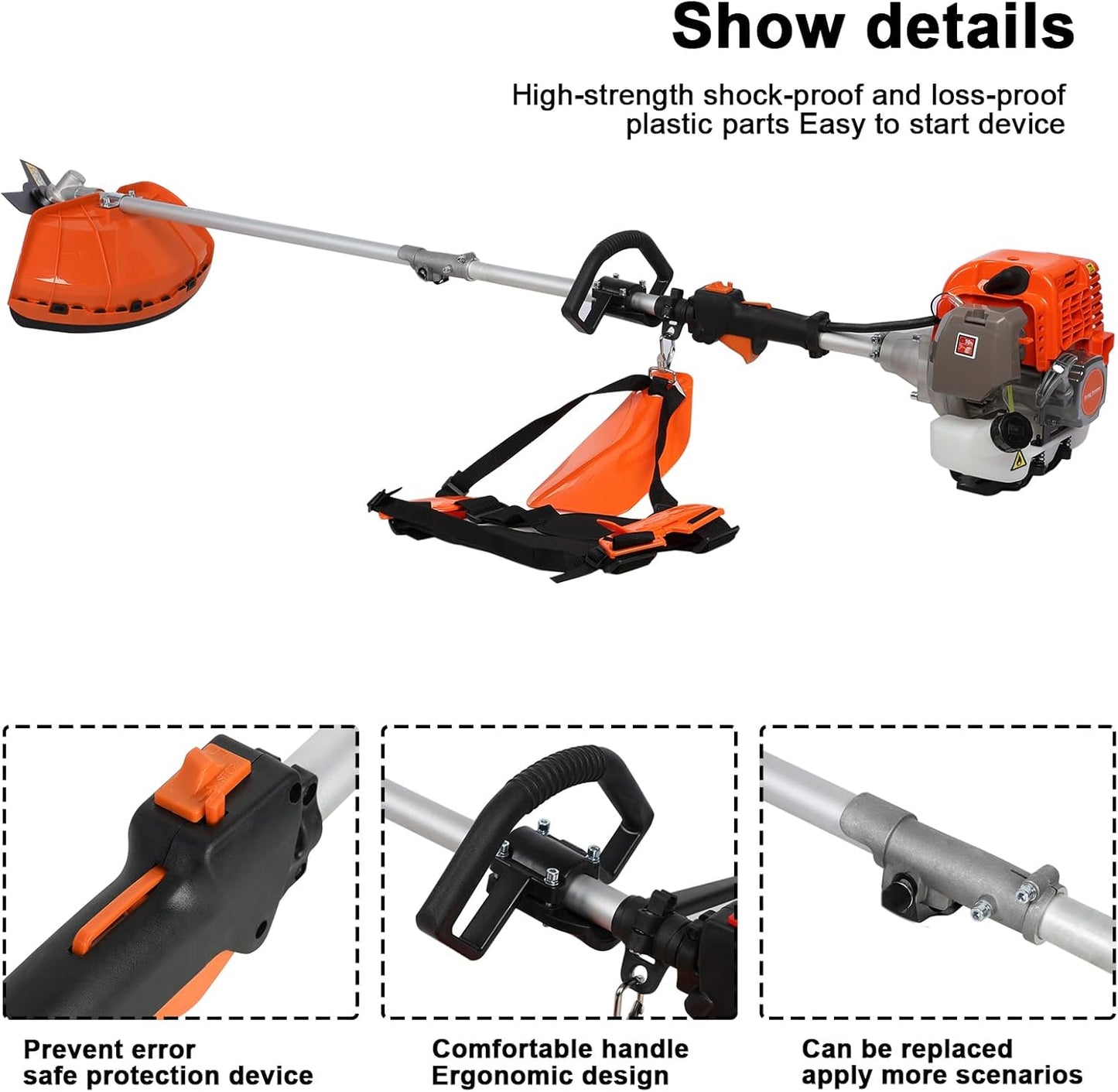 5 in 1Gas Weed Wacker，62cc 2 Stroke Full-Functional Petrol Hedge Trimmer,Gas Weed Eater,Grass Cutter Machine,Straight Shaft Grass Trimmer Cordless for Gardening (Orange)