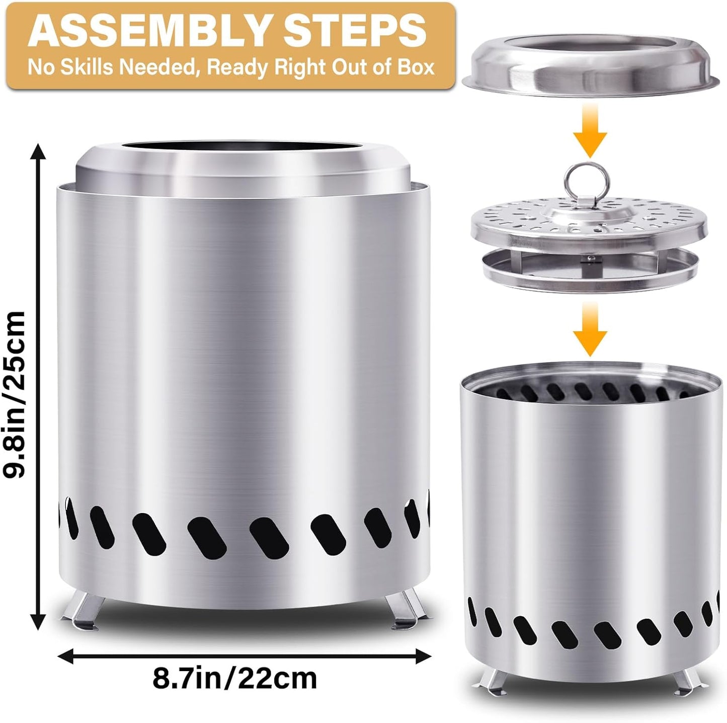 HGD Small Tabletop Fire Pit 9.8 x 8.7 in, Portable Mini Smokeless Table Top Firepit, Low Smoke Camping Stove for Outdoor & Patio, Fueled by Pellets or Wood, with Travel Bag, Stainless Steel, Silver