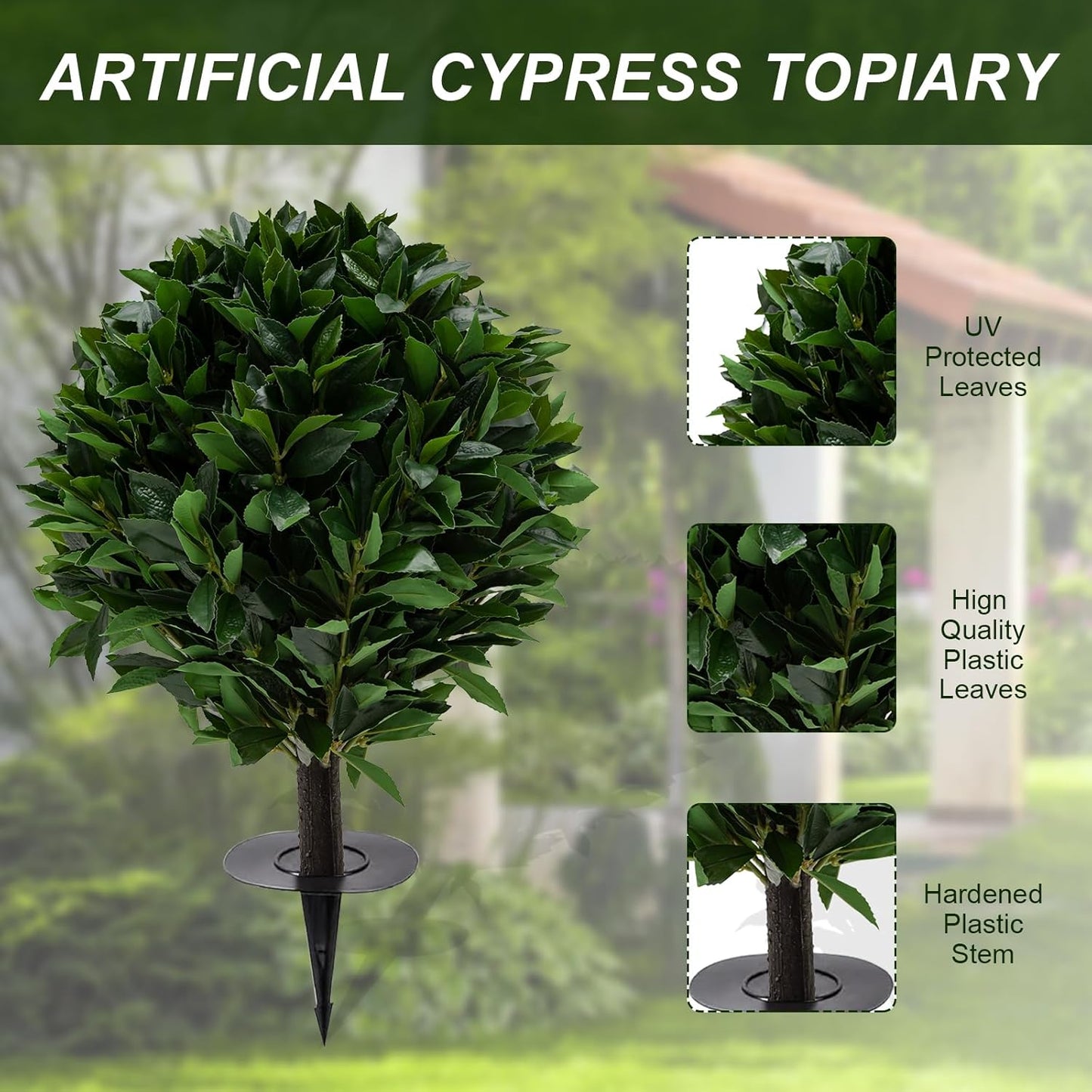 24" Outdoor Evergreens in Outdoor Artificial Shrub Potted Plant Plant for Indoor Porch of Home and Office 2 Pieces a Set Topiary Trees Faux Boxwood with Spike. Easy to Push in The Ground