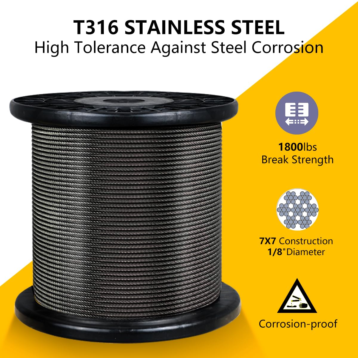 Black 325FT 1/8" T316 Stainless Steel Cable with Cutter, 7x7 Strands Aircraft Wire Rope for Deck Railing, Stair Handrail, Porch Fence, High Strength for Indoor and Outdoor Use