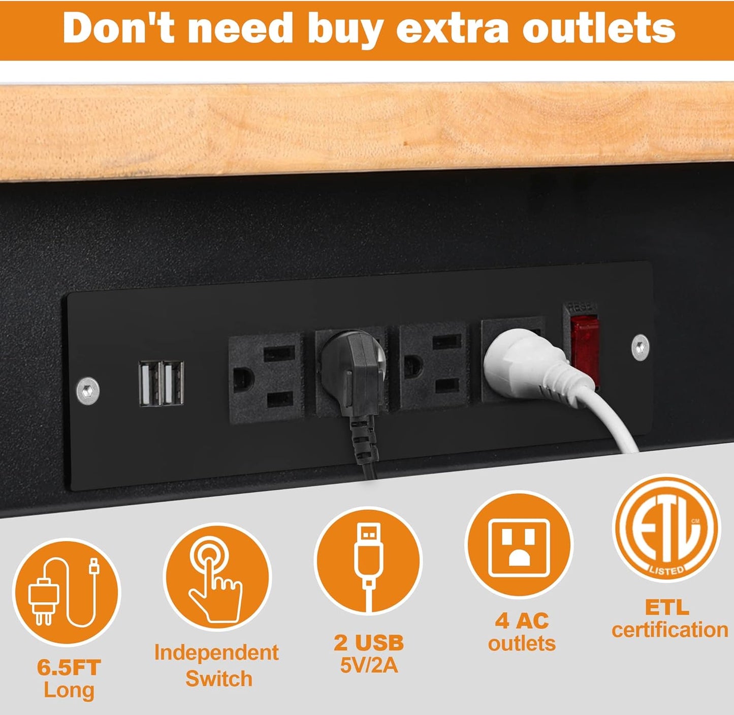 Adjustable Height Workbench, 60" Rubber Wood Top Heavy Duty Workstation with Power Outlets, 2000 LBS Load Capacity Hardwood Worktable for Workshop, Garage, Office, Home, Commercial