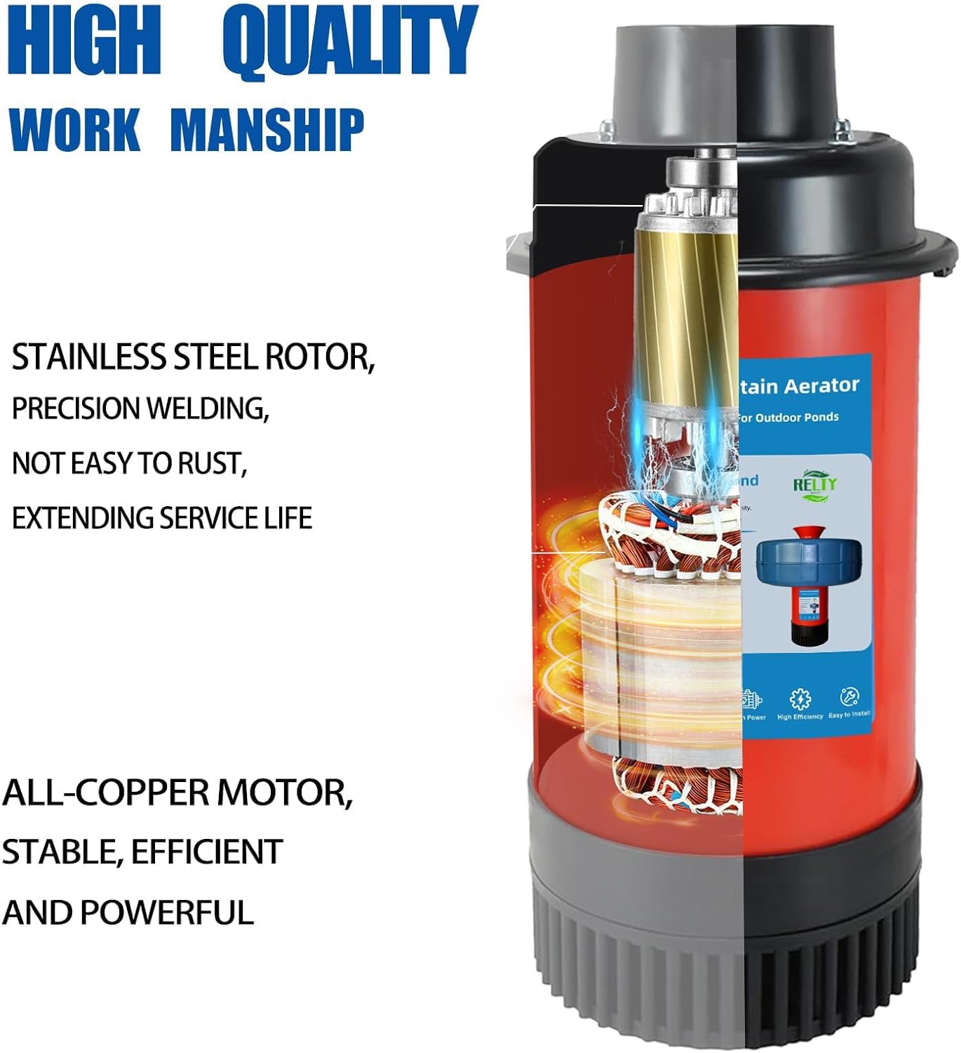 Pond Fountain Aerator - 110V, 0.75KW/1HP, 15000 GPH Pump. Fully Automatic Powerful Lake Floating Fountain with 100 - Foot Power Cord and Two 100 - Foot Guide Ropes for Large Ponds and Lakes (F-65)