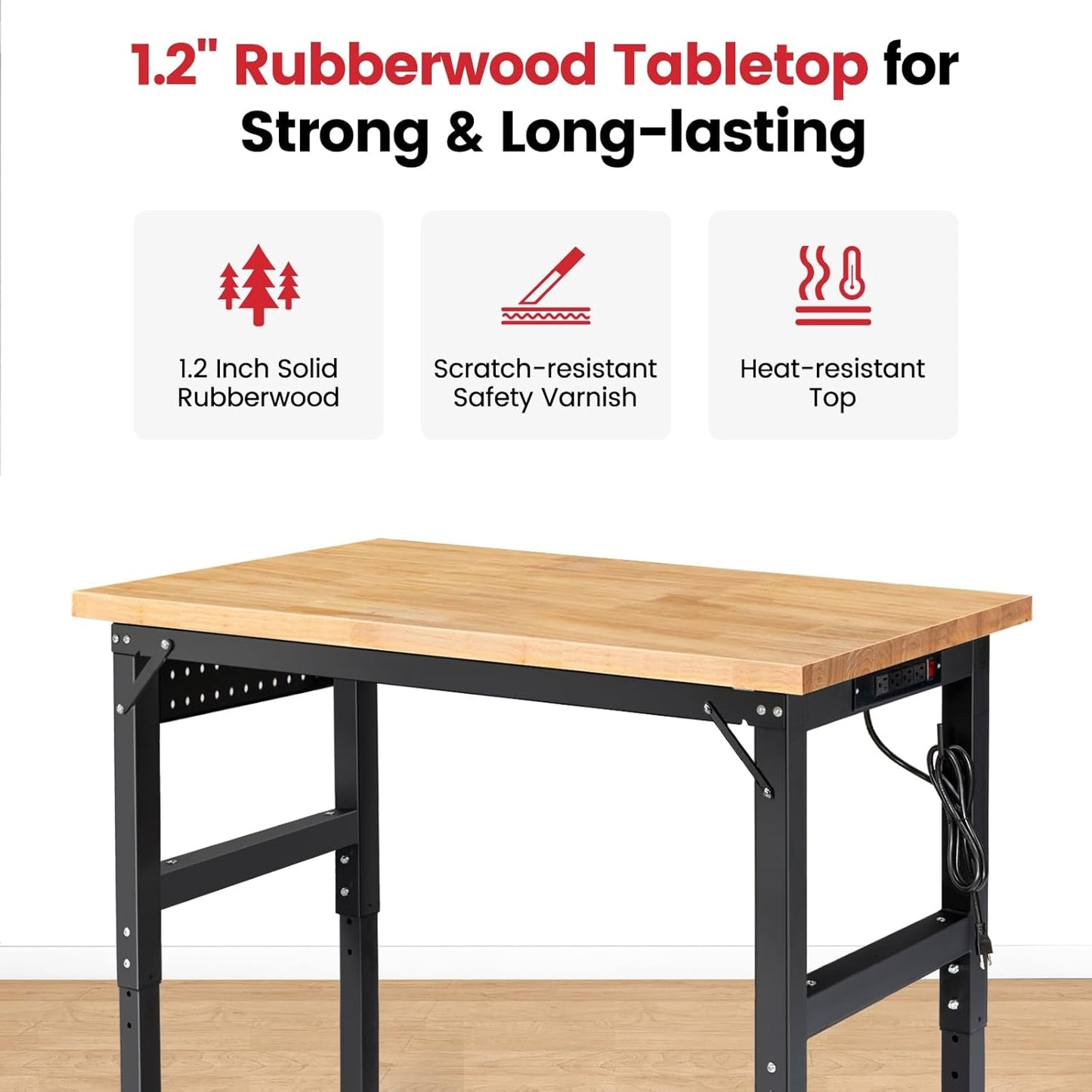 Work Bench with Wheels 48 x 20 Inch Heavy Duty Rubberwood Tabletop Garage Workbench Adjustable Height Work Table with Pegboard, Power Outlets for Woodworking Shop, Home, Office