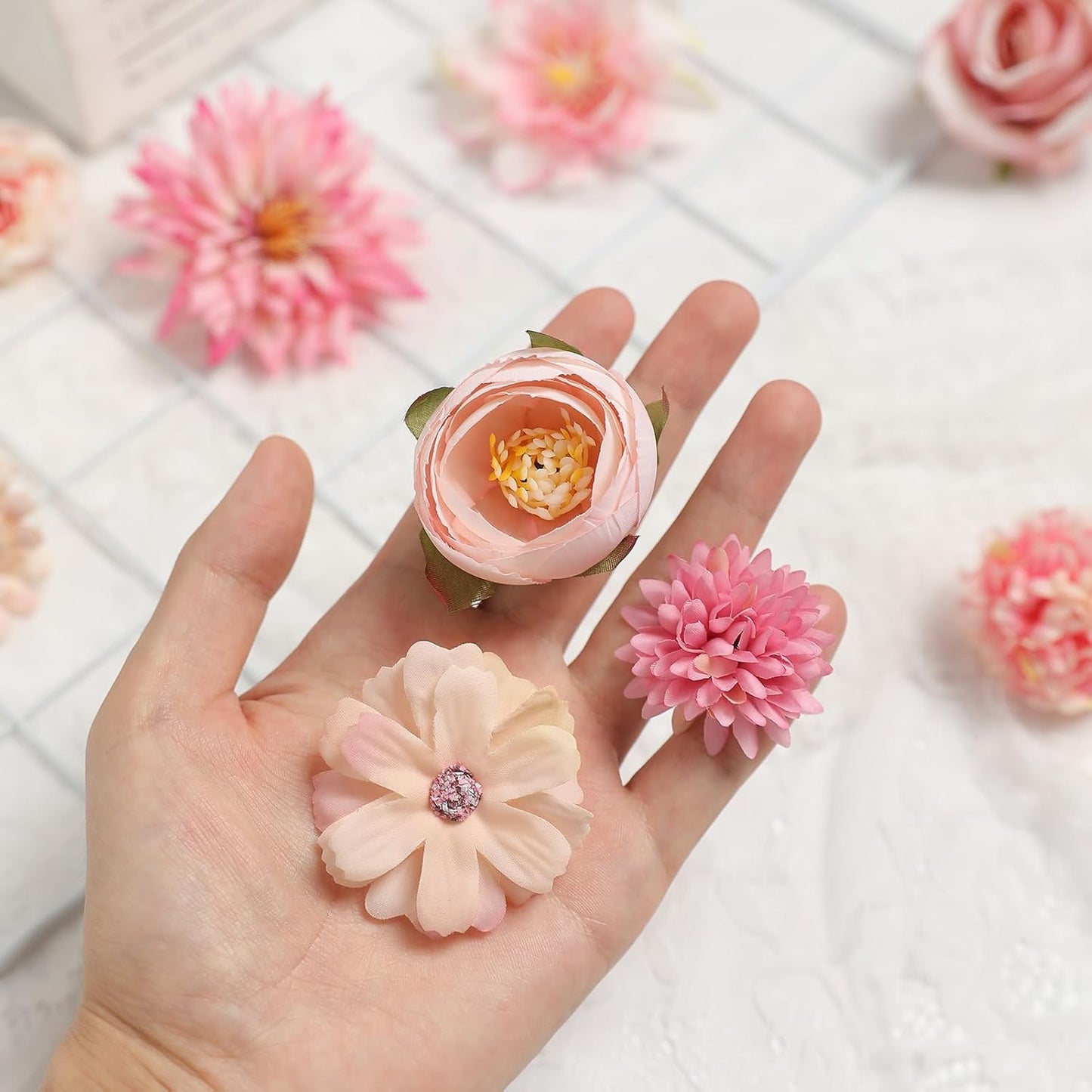 YYHUAWU Fake Flower Heads Mini Pink Artificial Flower Faux Dahlia Rose Flowers Multicolor Silk Daisy Flower Heads for Craft Garland Wedding Bridal Baby Shower Home Party Decoration DIY Cake Decor
