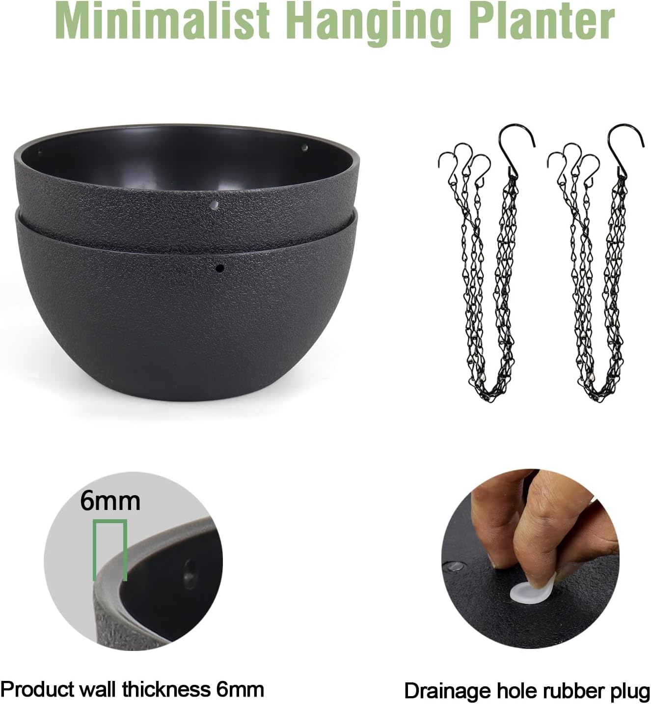10 inch Hanging Planters for Indoor Outdoor Plants, 2 Pack Hanging Flower Pots with Drainage Holes and Chain for Garden Porch, Round Plastic Hanging Baskets for House Plants, Black