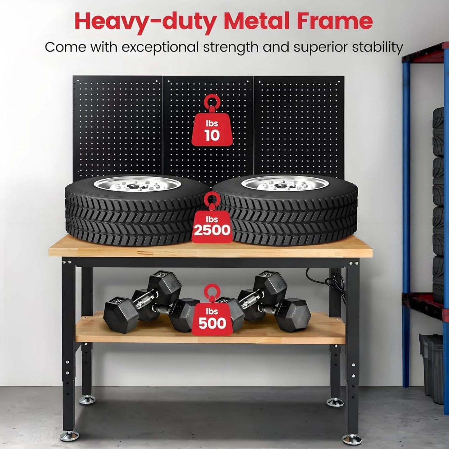 48 Inch Workbench for Garage Adjustable Height Work Bench with Under Table Shelf Pegboard Power Outlets Work Table for Woodworking, Home, Office, Workshop