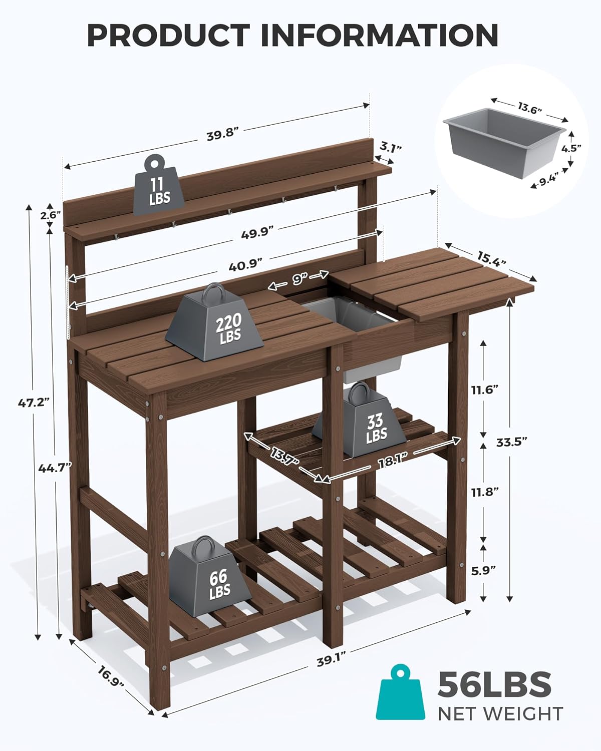 SERWALL Potting Bench Outdoor Potting Table with Sink, HDPE Potting Benches for Outside Gardening Table All Weather Use- Coffee