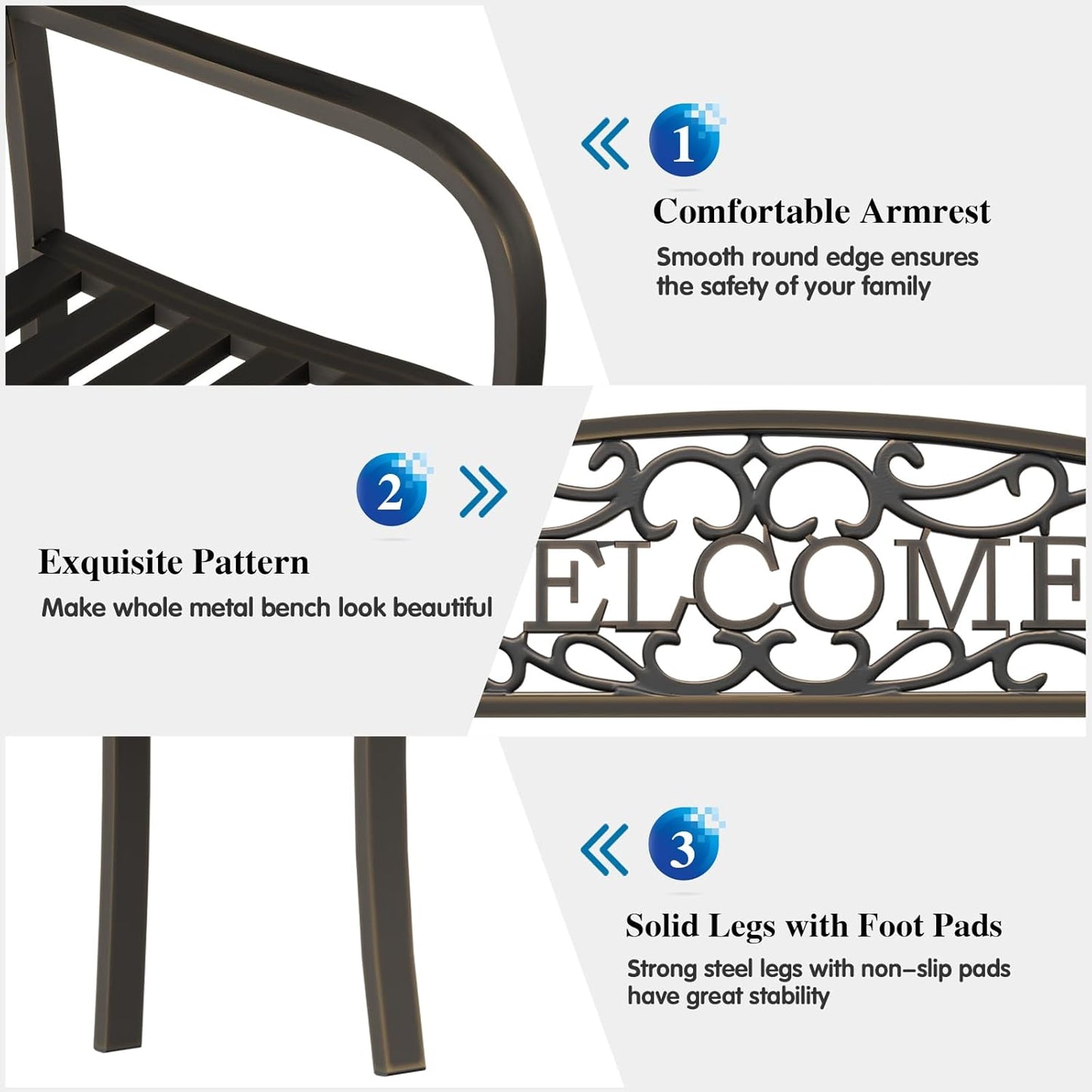 On Shine 50'' Patio Garden Bench, Loveseats Patio Park Bench,Black Steel Cast Iron Frame Bench,Metal Bench Outdoor for Porch Yard Lawn Deck (Bronze-Welcome)