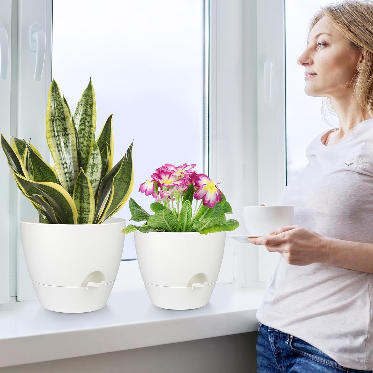 Plant Pots 12/10/9 Inch Self Watering Pots, Set of 3 Plastic Planters with Drainage Holes and Saucers,Plastic Flower Pots,Nursery Planting Pot for Indoor Out Door Plants(Pure White)