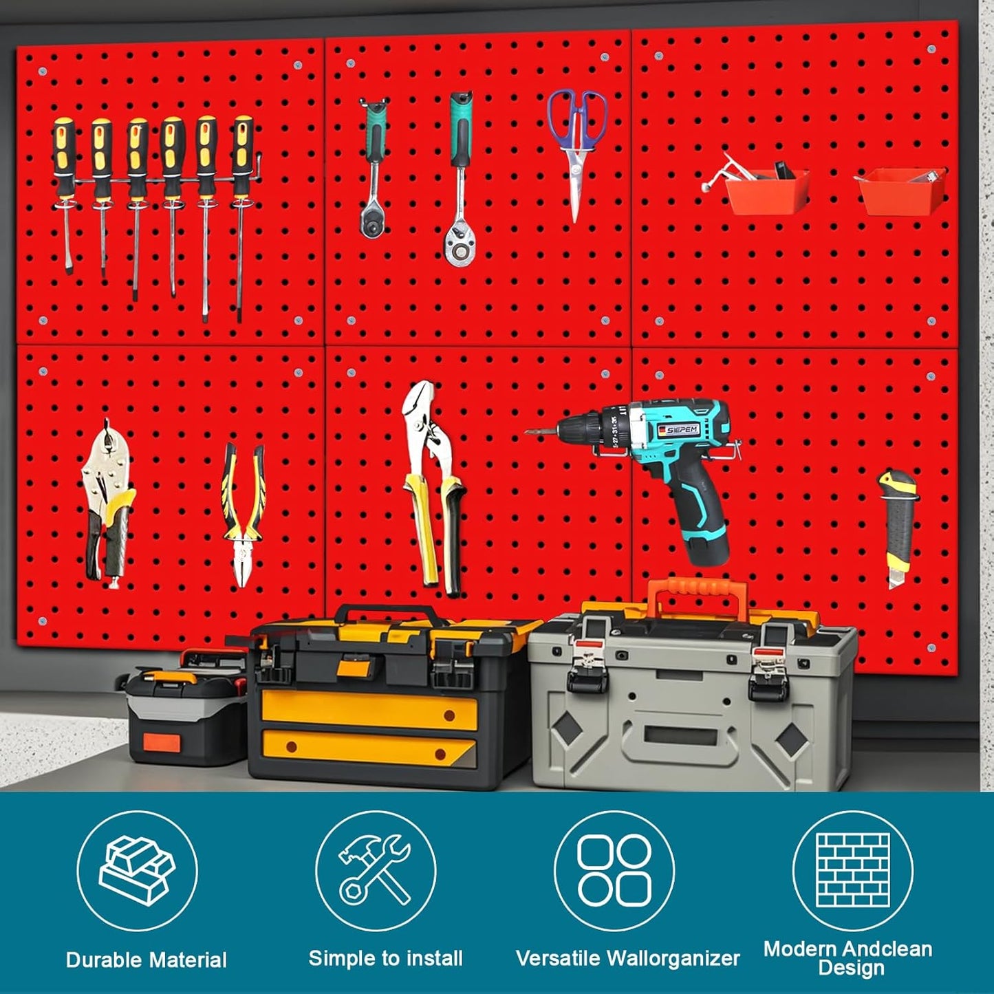 6 Pack Steel Peg Board,Universal 1/8 and 1/4 Pegboard Accessories,Ideal for Garage Tool Storage, Office Organization, Craft Room, Kitchen etc. (Red, 6-12X12)