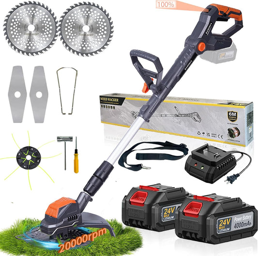 Electric Weed Wacker Cordless,24V Weed Cordless Eater Battery Powered,Weed Cutter with 2Pcs 4.0Ah Batteries,1300W Motor,2 Types Blades,Grass/String Trimmer Lawn for Yard and Garden