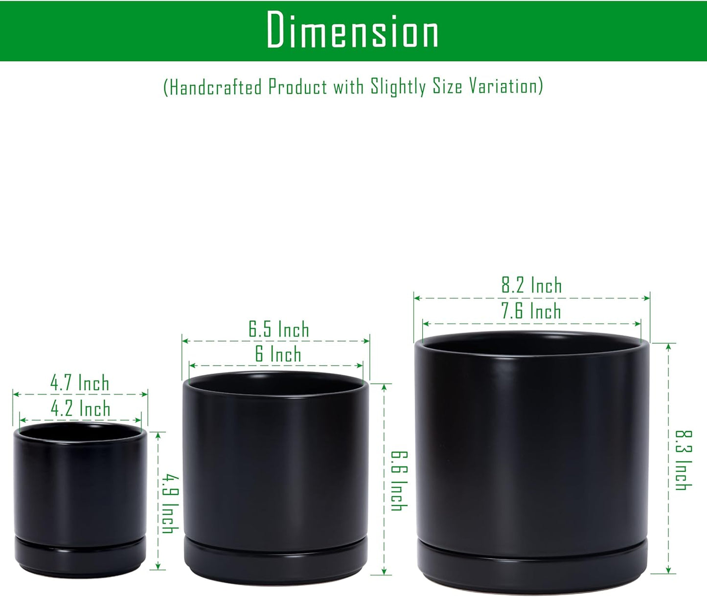 D'vine Dev 4 Inch & 6 Inch & 8 Inch, Set of 3 Round Ceramic Planter Pot with Drainage Hole and Saucer, Black, 94-T-M-2