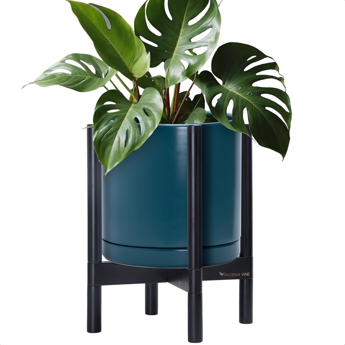 D'vine Dev Ceramic Planter with Ebony Stand - 12 Inch Modern Round Flower Pot with Wood Planter Holder, Teal, 55-B-H-4