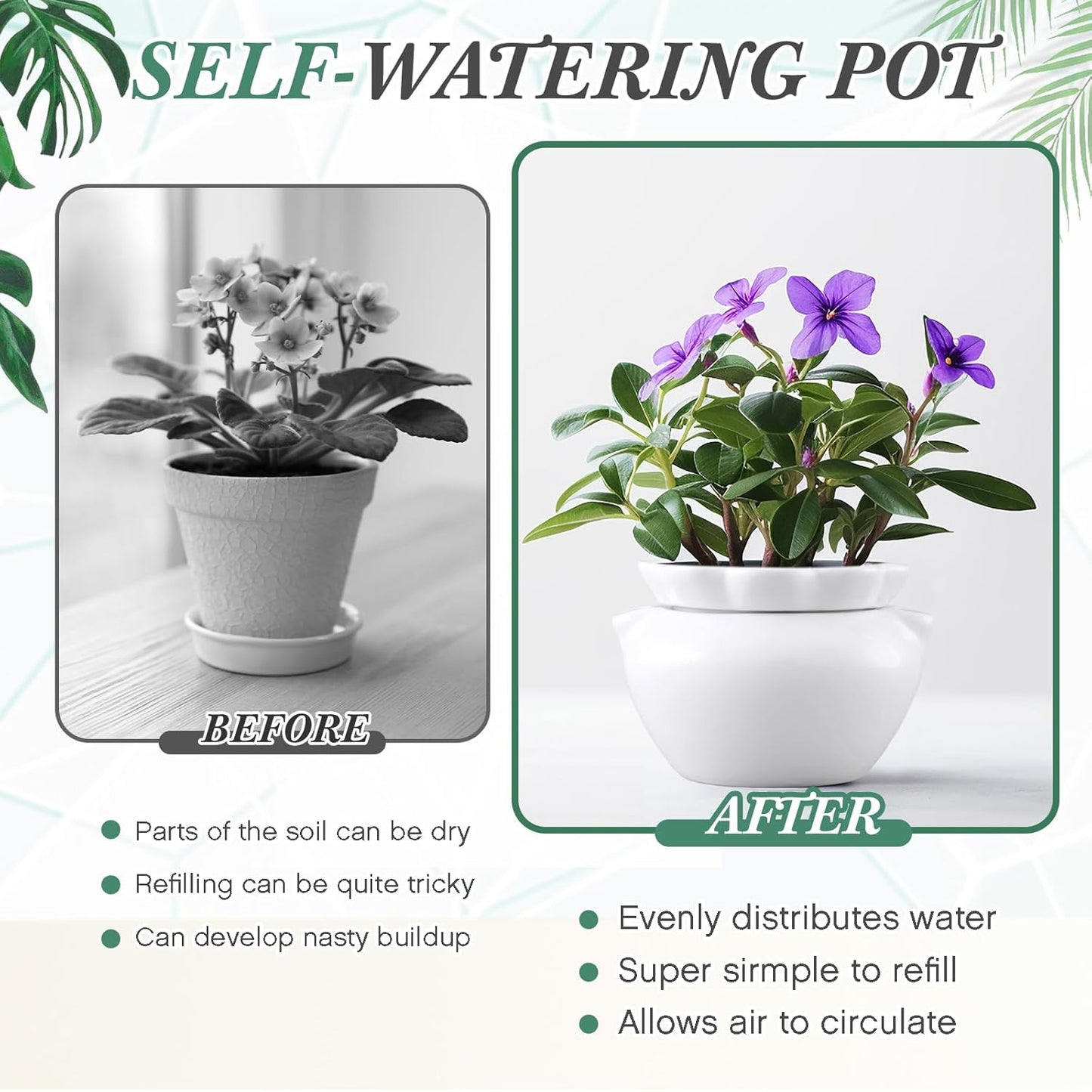4 Set 4 Inch African Violet Pots Self Watering White Ceramic Planter Highly Absorbent Inner Planter Pot for Indoor Plants Plant Lovers Ideal Plant Pot Thriving Plant Flower Maintenance