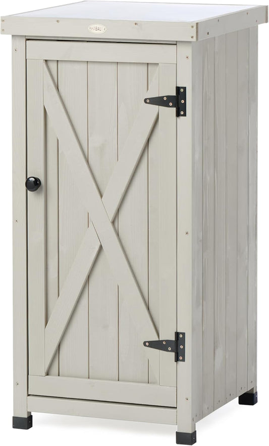 Outdoor Storage Cabinet for Patio, Garden Potting Bench Table with Shelves & Metal-Tabletop, Wooden Planting Work Station, Weatherproof