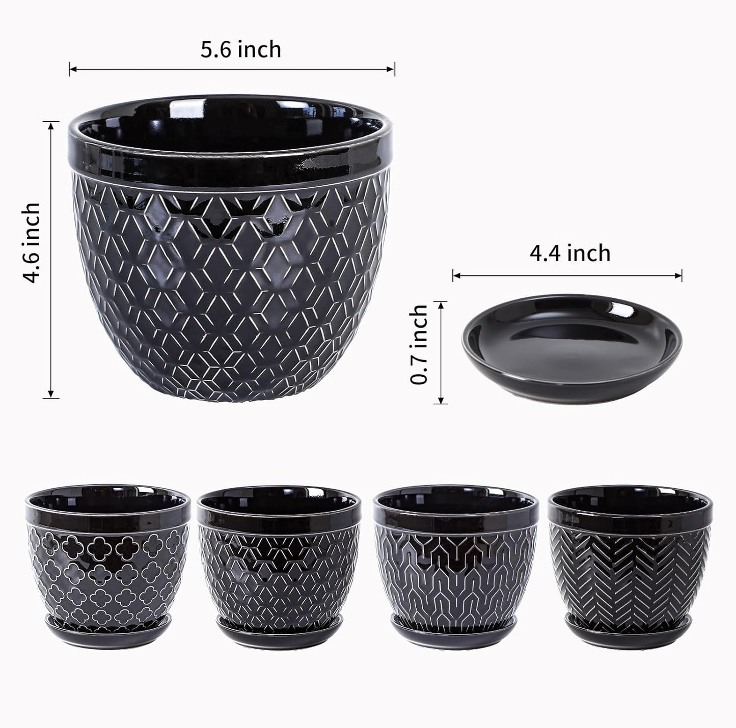 Sureasy Ceramic Indoor Plant Pots - 5.6 Inch Flower Pots for Plants with Drainage Hole and Saucer, Embossed Planter for Succulents, Orchid, Cactus, Indoor Home Decor, Set of 4, Black