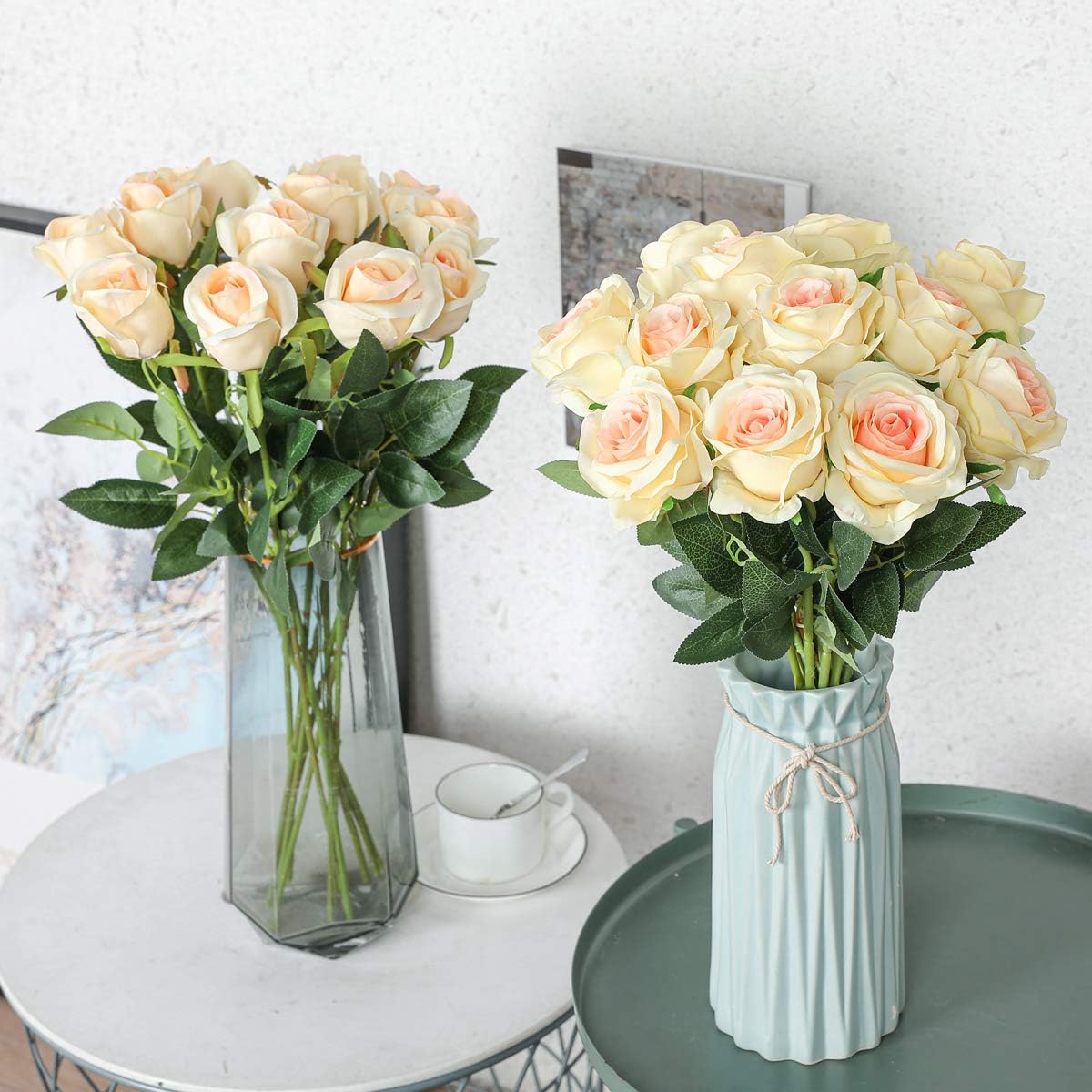 Hawesome FLORRALIA 12PCS Artificial Silk Flowers Realistic Roses Bouquet Long Stem for Home Wedding Decoration Party (Champagne 1)