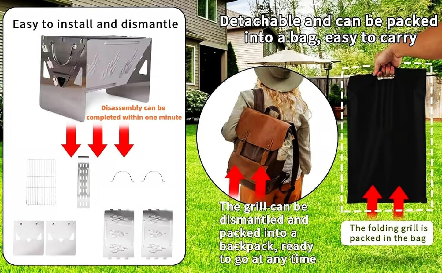 Travel-Ready BBQ Grill with Carry Bag,16.92-inch,Portable Compact Foldable Camping Grill,Easily disassembles for storage in a carrying bag,Stainless Steel Charcoal Grill, Outdoor barbecue fire pit