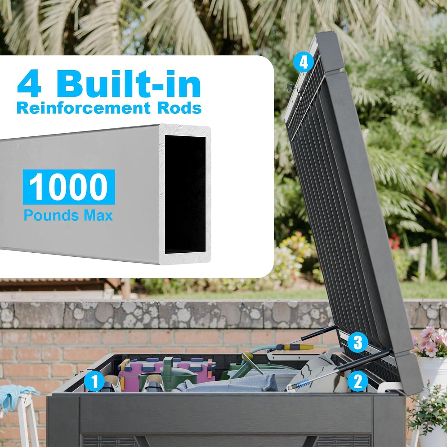 260 Gallon Large Resin Deck Box, Lockable Outdoor Storage Box for Patio Cushions Storage Furniture,Garden Tools, Pool Supplies, Weatherproof and UV Resistant-Black Rattan (260 Gallon)