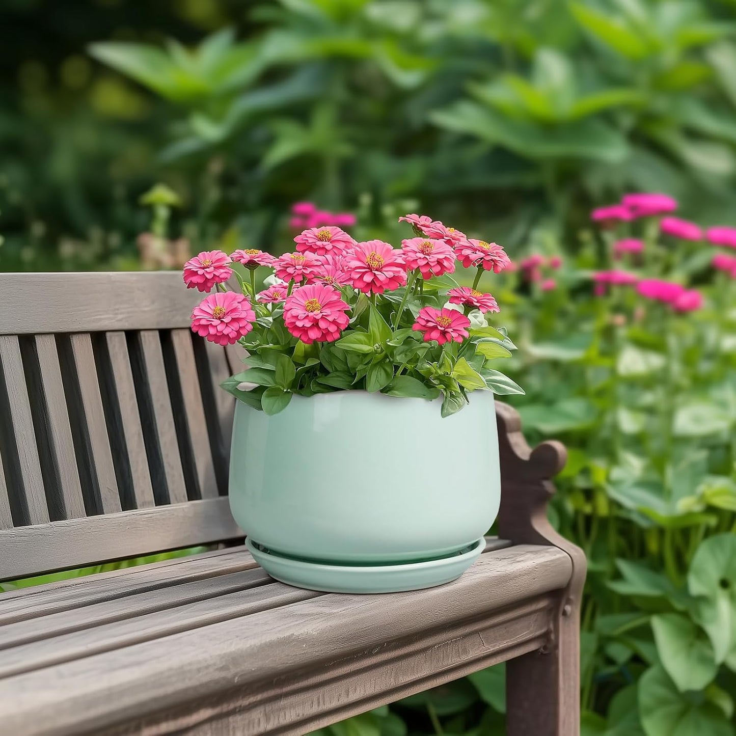 G EPGardening Ceramic Plant Pots - 7 Inch Planter for Indoor Outdoor Plants, Ceramic Planter with Drainage and Saucer, Round Modern Flower Pots, House Decor, Gift for Men Women, Green