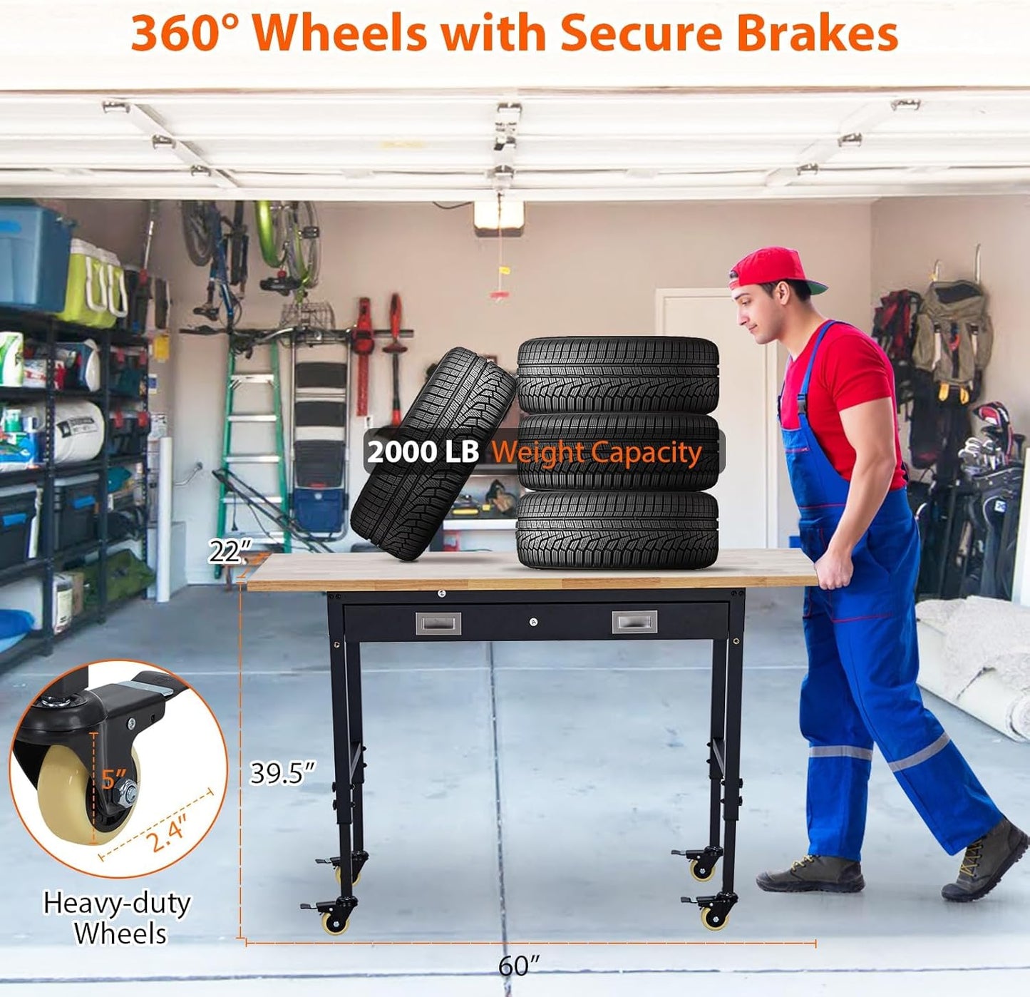 60'' Adjustable Workbench, Heavy Duty Workbench with Drawer, Power Outlet and Lockable Wheels, 2000 LBS Capacity, Work Table Suitable for Office, Garage, Workshop