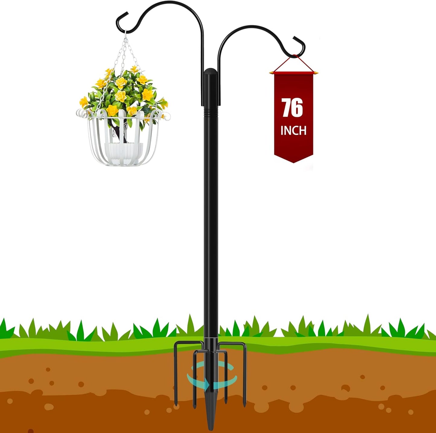 Ottsuls Double Shepherds Hooks for Outdoor, 76 Inch Bird Feeder Pole with 5 Prong Base, Upgrade 1 INCH Thick Heavy Duty Planter Hook for Hanging Baskets, Lantern,1 Pack