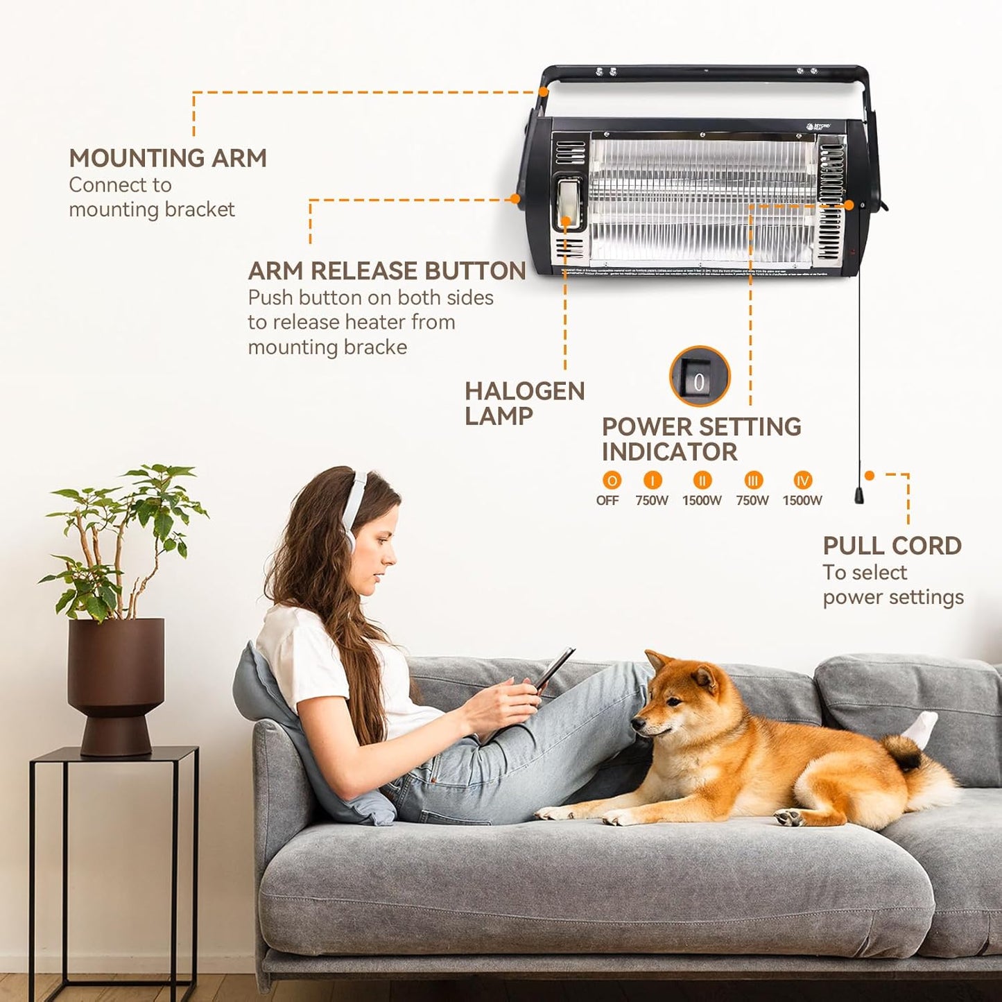 Electric Garage Heater 120V, 750/1500W Ceiling Mount Space Heater for Garage, Shop, Patio with 90° Adjustable Tilt, Dual Quartz Radiant, Safety Metal Grille and Overheat Protection, 1-Pack